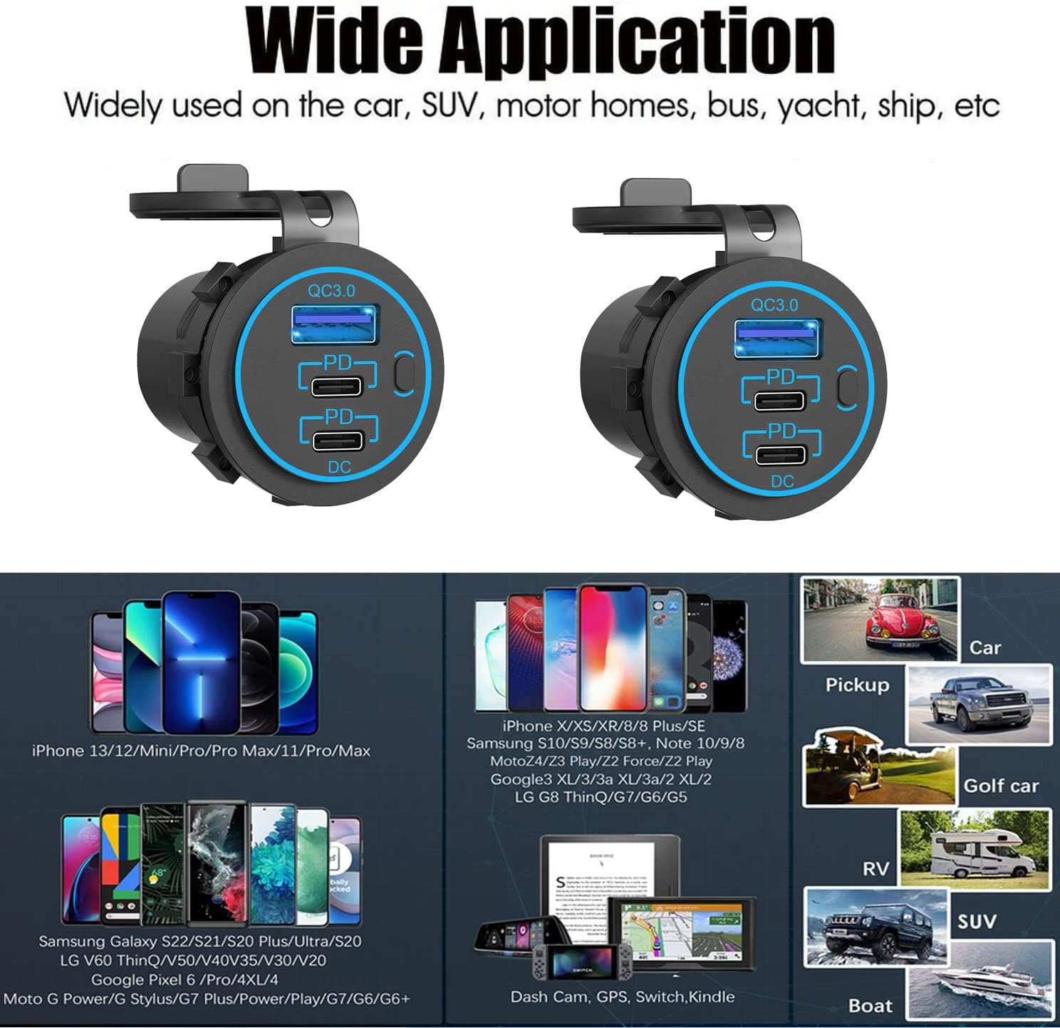 [5 Pack] 12V USB C Outlet, Two USB-C PD 20W Power Socket and 18W QC3.0 Socket Waterproof Power Outlet 12V/24V with Power Switch for Car Golf Cart Boat Marine Bus Truck RV Marine Motorcycle etc.