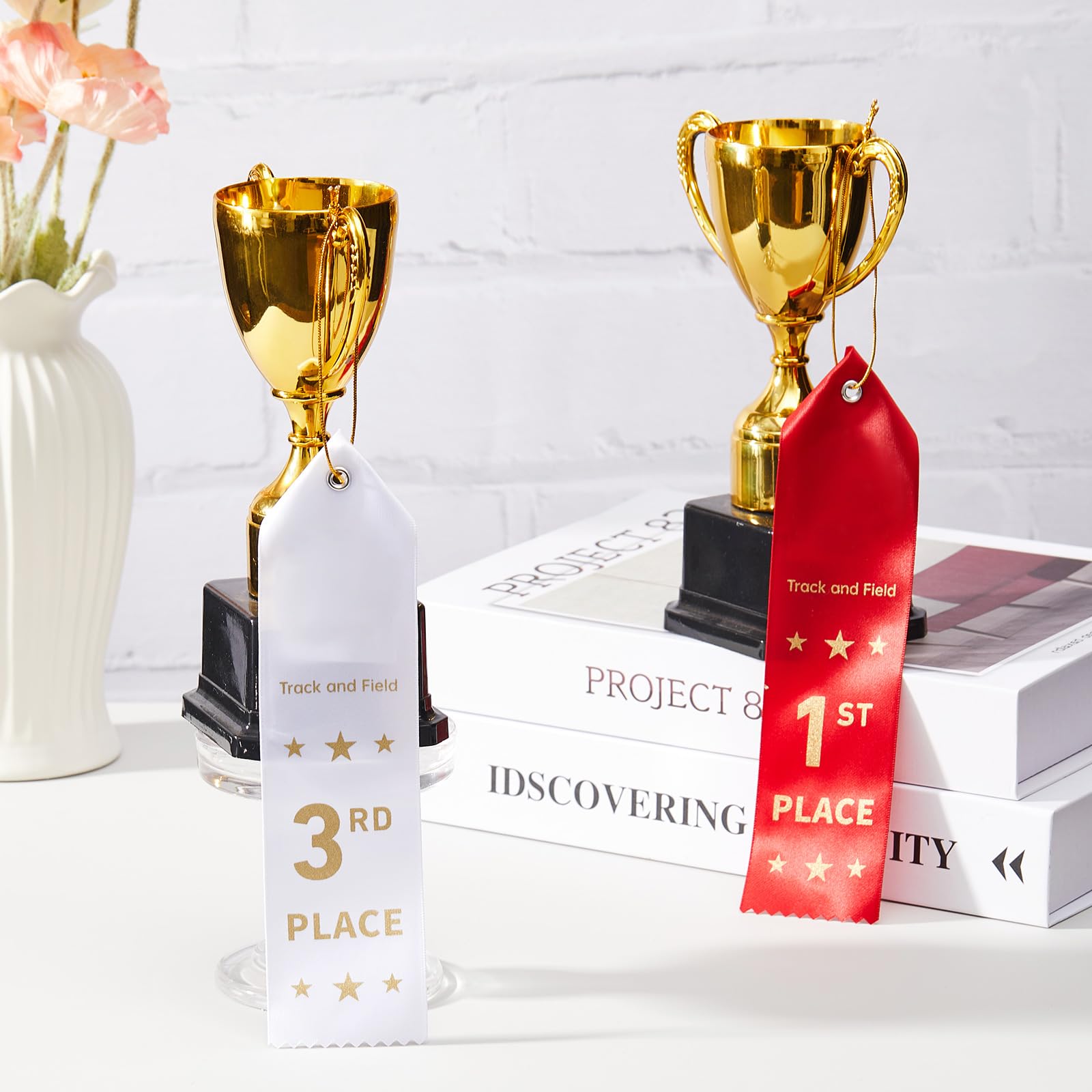 Lyrow 36 cintas de premio en blanco para medallas, cintas de premio con tarjeta adjunta y cuerda para competiciones, eventos deportivos, 1º, 2º, 3er lugar (rojo)