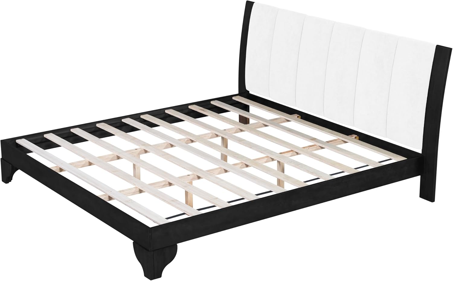 Merax Modern King Size Bed Frame for Bedroom, Black Wood Frame with White Upholstered Headboard, Manufactured Wood, 600 lb Capacity, Suitable for 6-8 inch mattresses, No Box Spring Needed