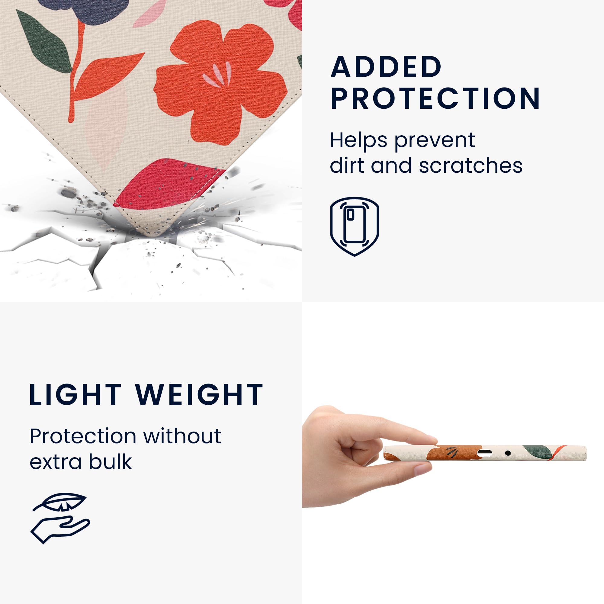 kwmobile Schutzhülle für Amazon Kindle Scribe (2022/2024) Hülle - eReader Flip Case mit Handschlaufe und Auto Sleep Funktion - Blumen Farbenfroh mit Pink Dunkelblau Creme