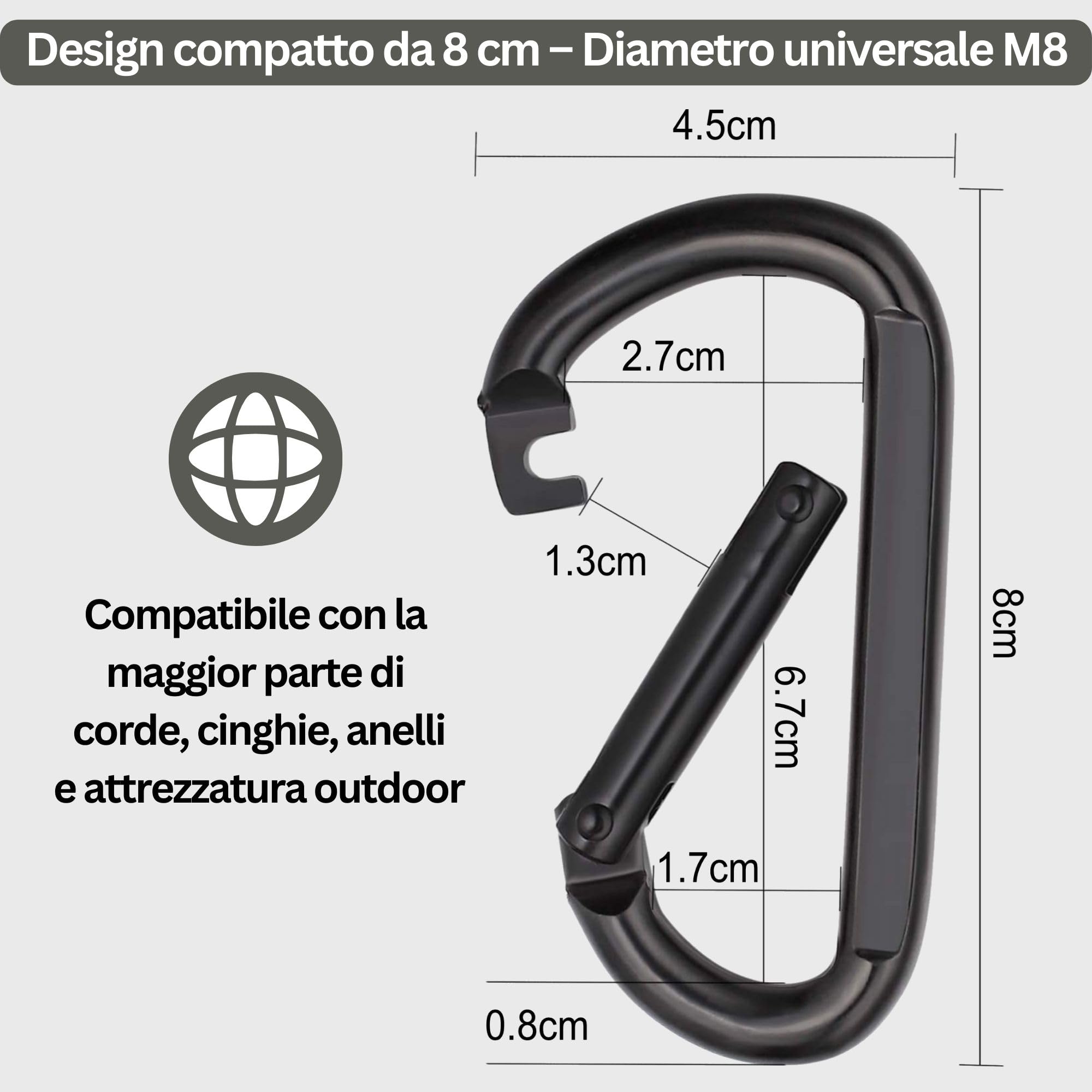 Moschettone Nero Inox M8 8 cm 250 kg Set da 2