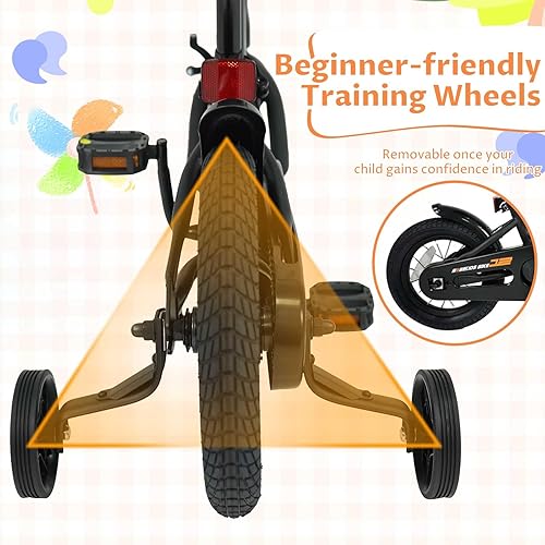 Miniatura 8 de COSTWAY - Bicicleta para niños, de 12 pulgadas, con ruedas de entrenamiento removibles, frenos duales, asiento y altura de manillar ajustables, Negro