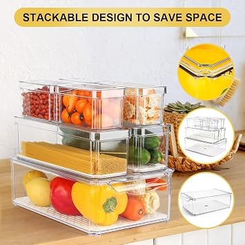 7 Pack Fridge Storage Containers with Lids,Clear Food Storage Boxes with Drain Tray,Stackable Fridge Organisers,Plastic Refrigerator Storage Bins Set for Kitchen,Pantry,Cabinet