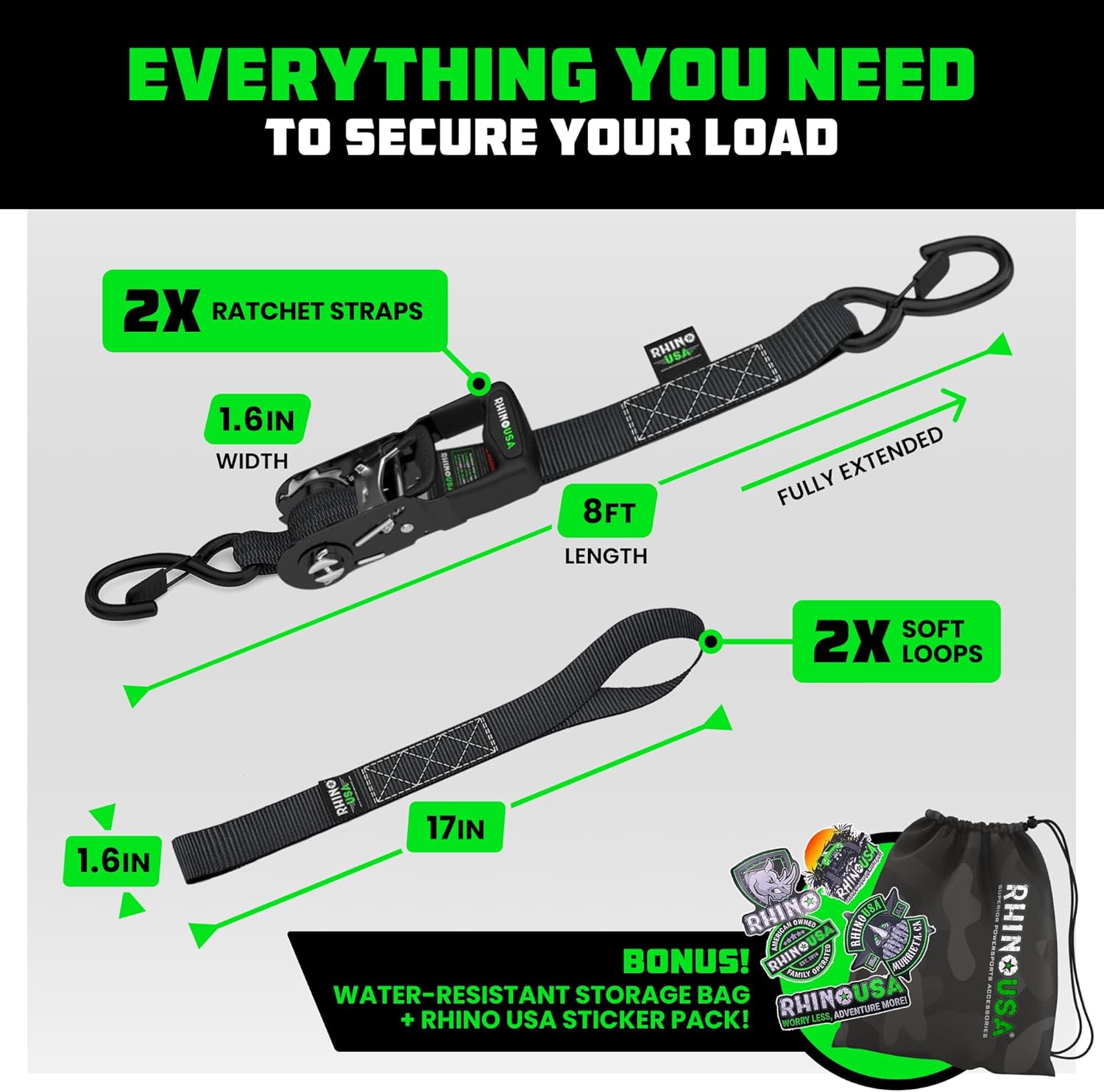 RHINO USA Ratchet Straps Tie Down Kit, 5,208 Break Strength - Includes Heavy Duty Rachet Tiedowns with Padded Handles & Coated Chromoly S Hooks + Soft Loop Tie-Downs - Image 5