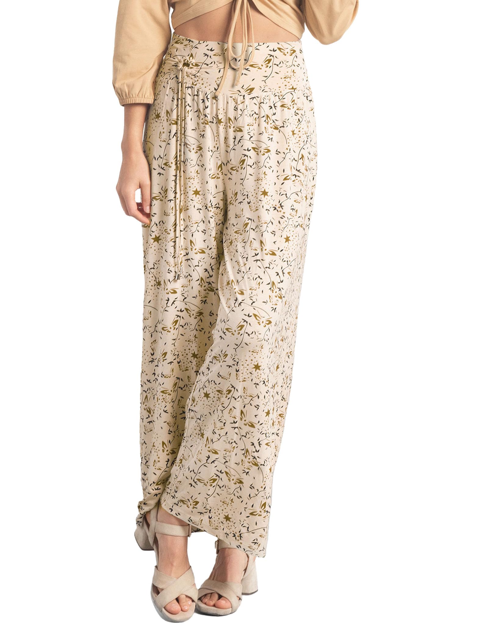 Enorsia Womens Printed Wide Leg Cropped Trousers with High Waist, Smocking Back, Asymmetric Ring Detail, and Butterfly-Star Allover Print (Cream,12)