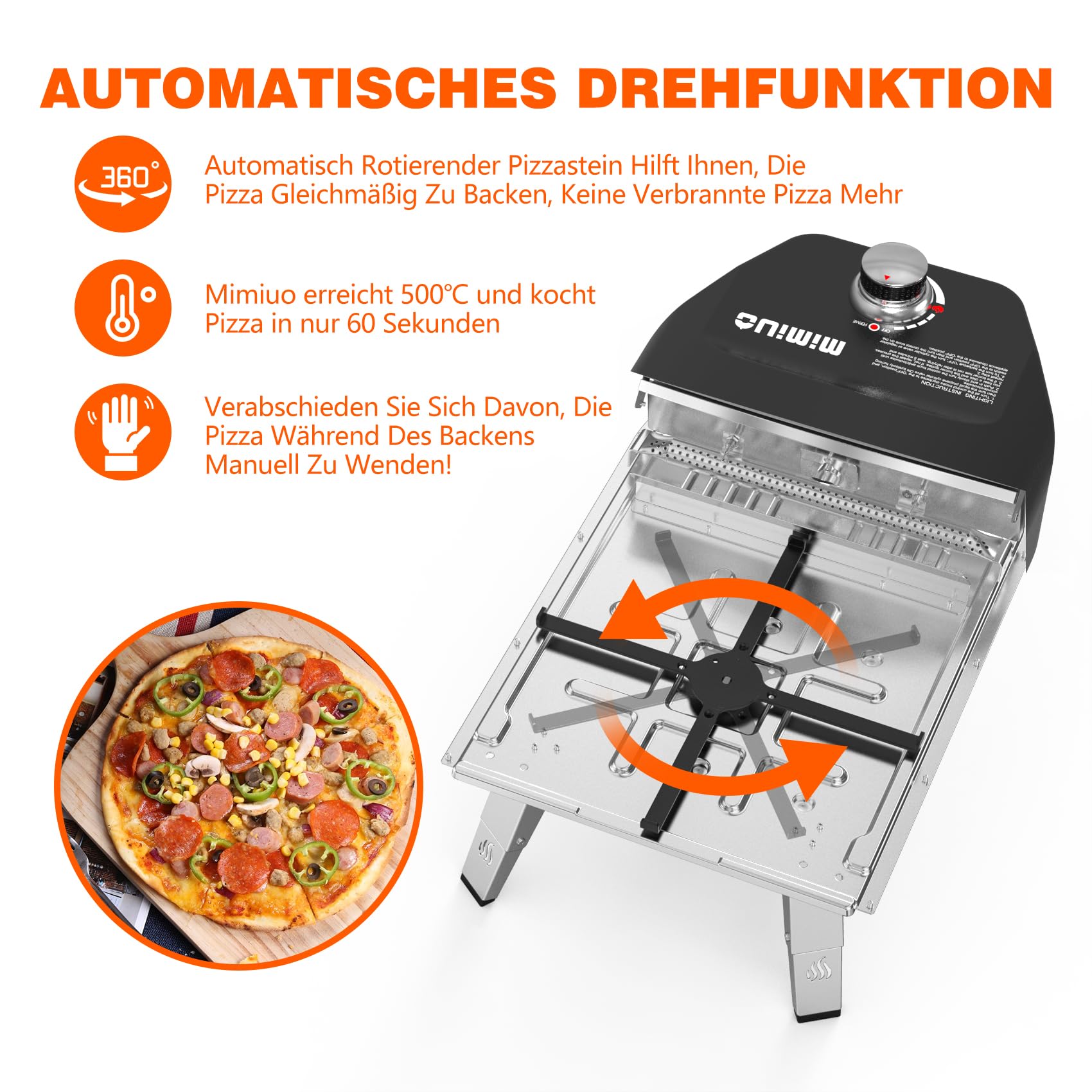 Mimiuo Gas Pizzaofen mit Drehfunktion 33cm Pizzastein Pizzaschaufel Schwarz Tragbar Outdoor