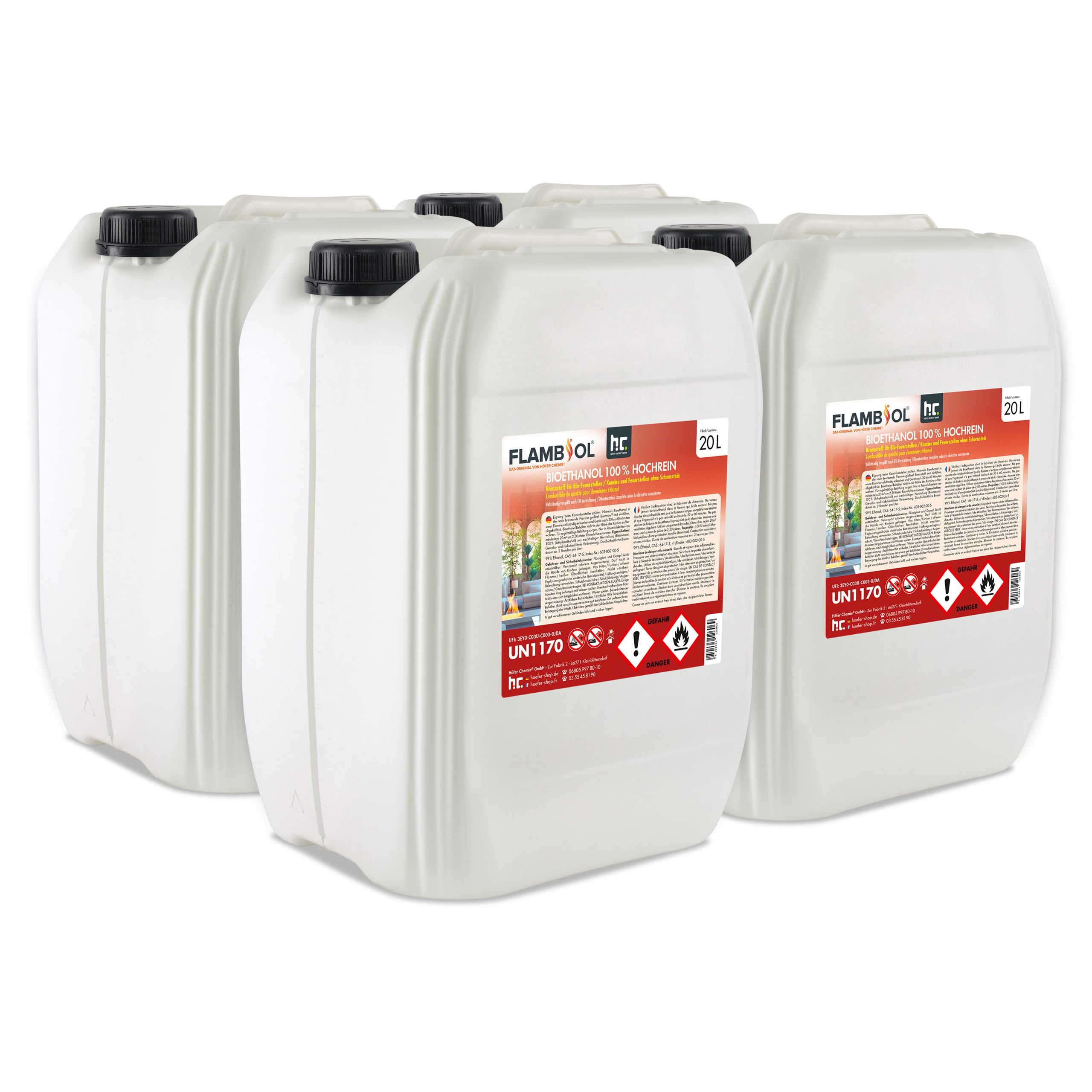 FLAMBIOL 4 x 20 L Bioethanol 100% für Ethanol Kamin, Ethanol Feuerstelle, Ethanol Tischfeuer und Bioethanol Kamin von Höfer Chemie