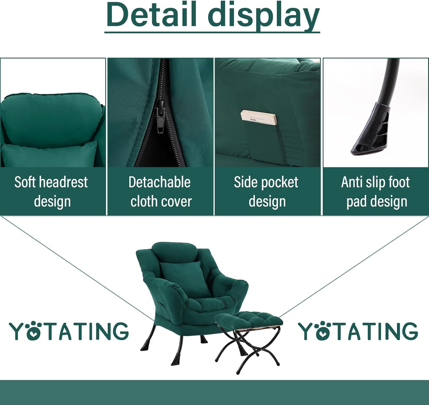 Lazy Chair with Ottoman, Comfy Reading Chair with Footstool & Pillow Modern Lounge Chairs with Armrests & Side Pocket for Living Room, Bedroom, Dorm Room，Dark Green