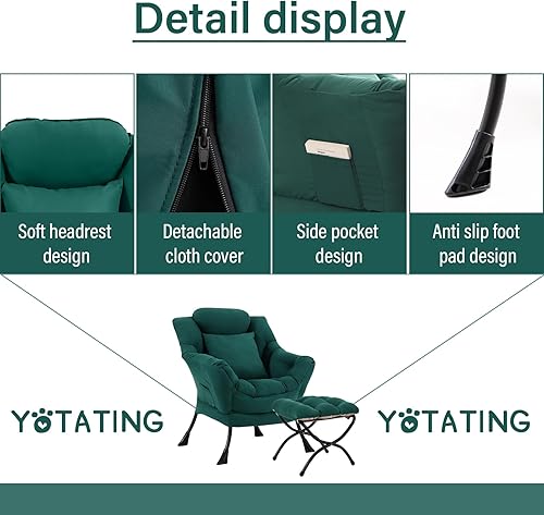 Miniatura 4 de Silla Lazy con otomana, cómoda silla de lectura con reposapiés y almohada, sillas modernas con reposabrazos y bolsillo lateral para sala de estar,
