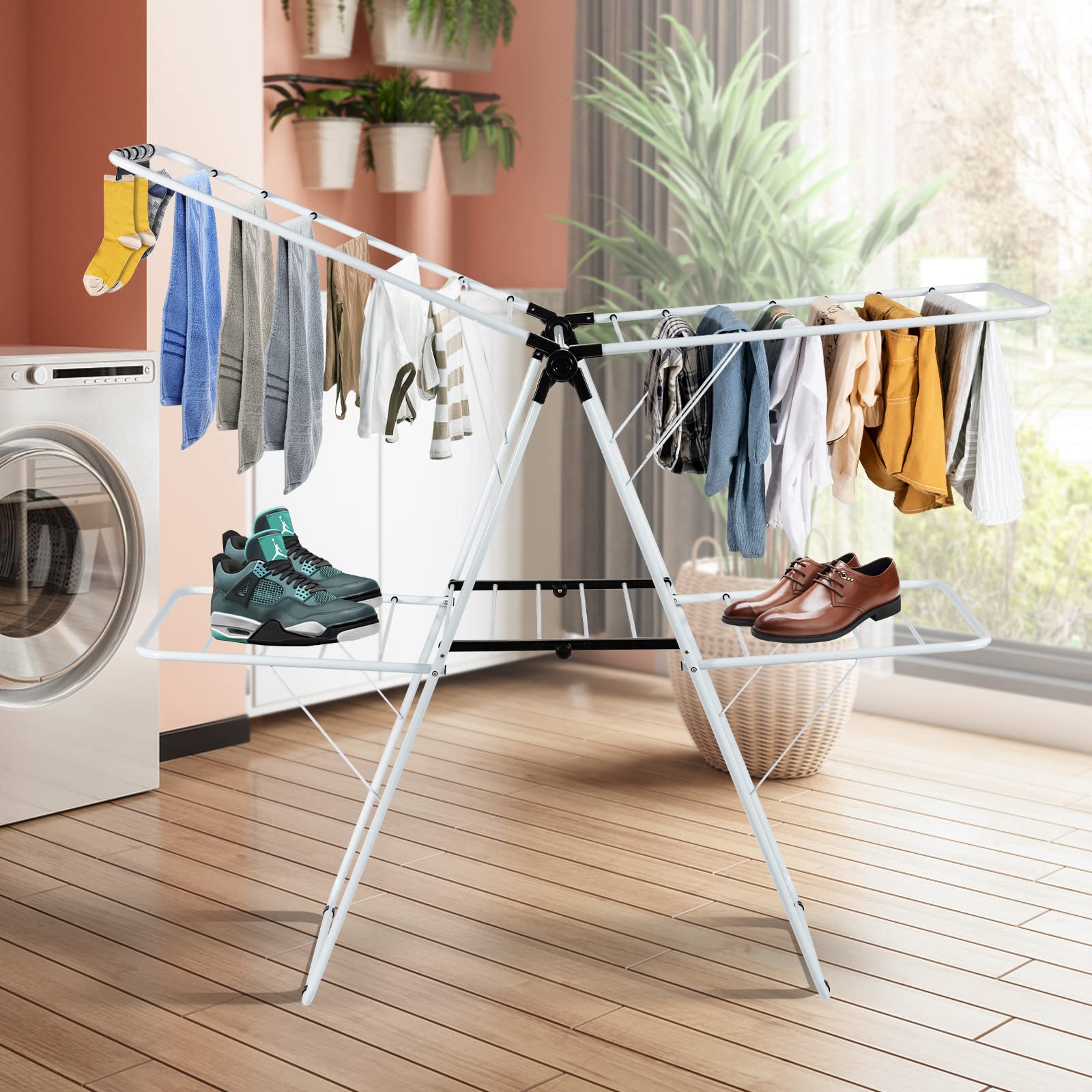 GIANTEX Étendoir Linge Intérieur, Tancarville 2 Niveaux avec Pinces Papillon Réglables, Séchoir à Linge Pliable Déjà Assemblé, Étendoir Linge Extérieur pour Draps & Vêtements, Blanc