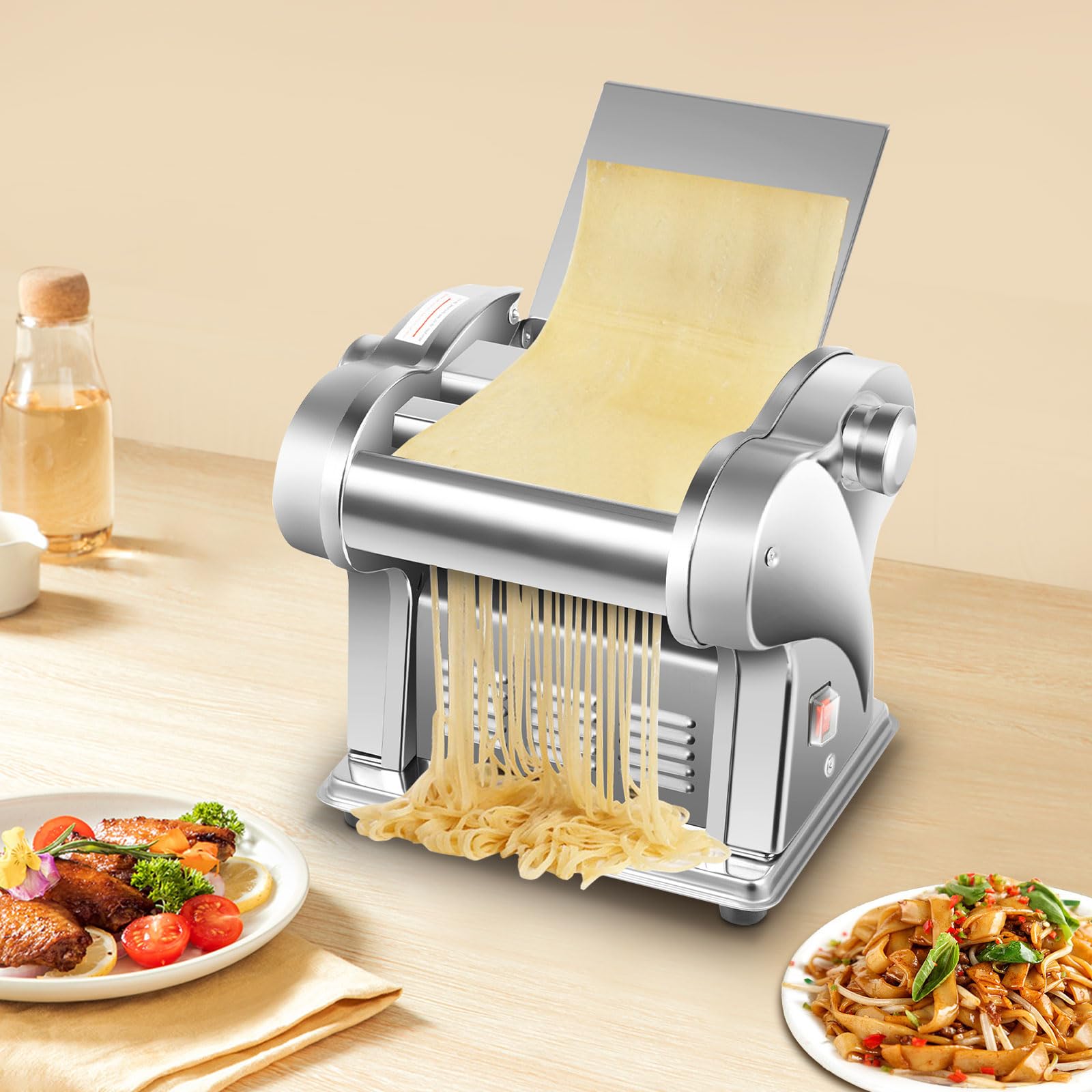 Electric Pasta Machine Dough Sheeter, Automatic Noodles Dumpling Dough Skin Maker Stainless Steel Noodle Making Pasta Maker Dough Roller Noodle Pressing Machine (8 Gears)
