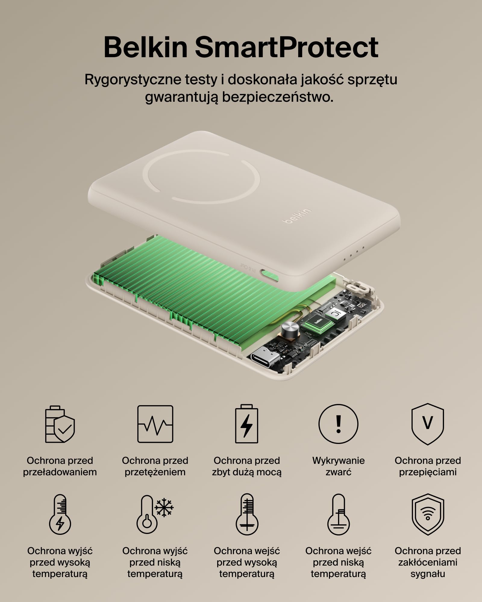 Belkin BoostCharge Magnetyczny Powerbank 5000 mAh z Pierścieniem – Piaskowy | Powerbank Bezprzewodowy 5000 mAh, Pierścień Magnetyczny do Akcesoriów, Port USB-C, Wstępnie Naładowany, Kabel w Zestawie