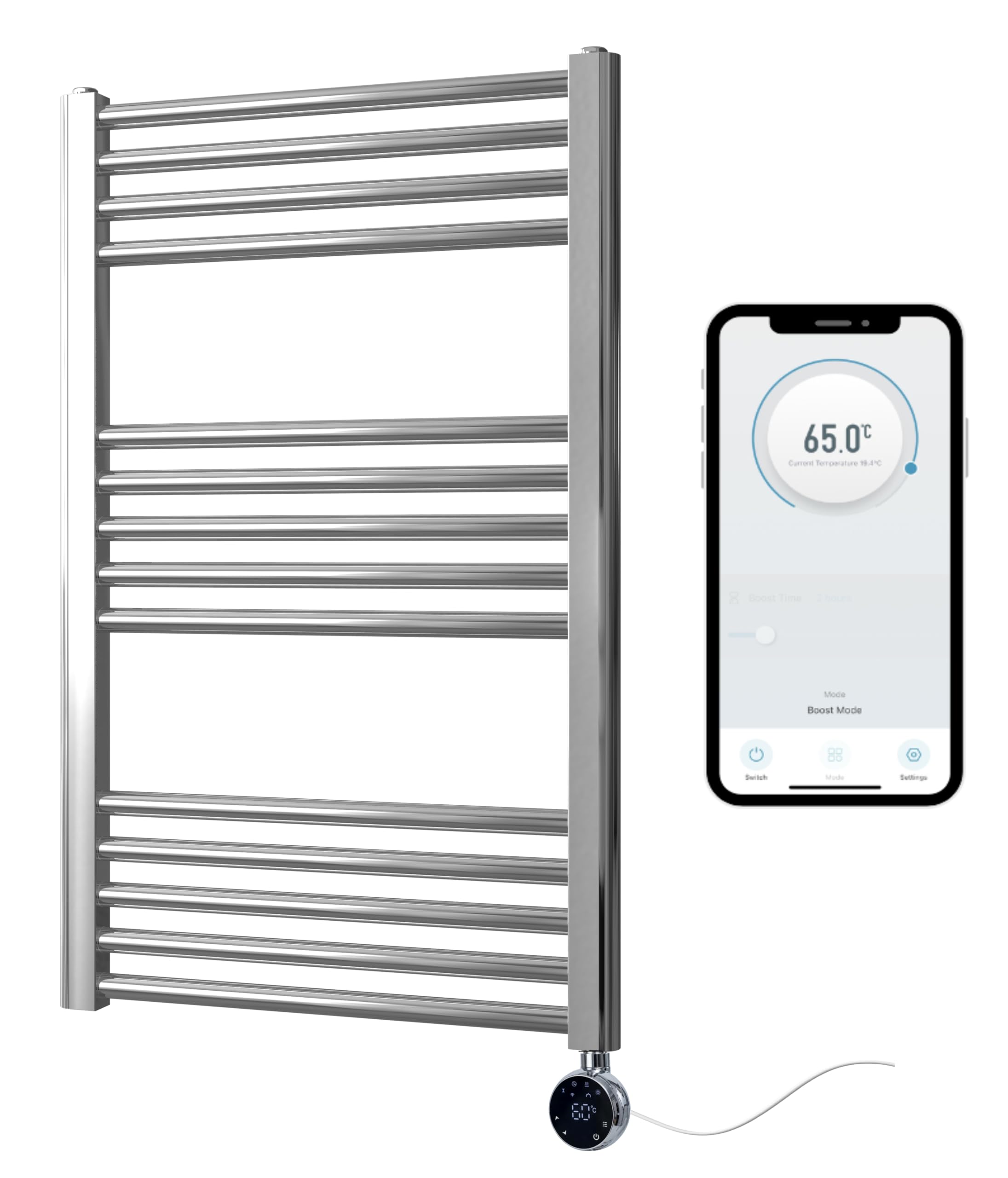 Termosifone elettrico cromato Smart WiFi controllato, 500 mm x 800 mm, riscaldamento, barre piatte, timer programmabile 7 giorni, compatibilità con app
