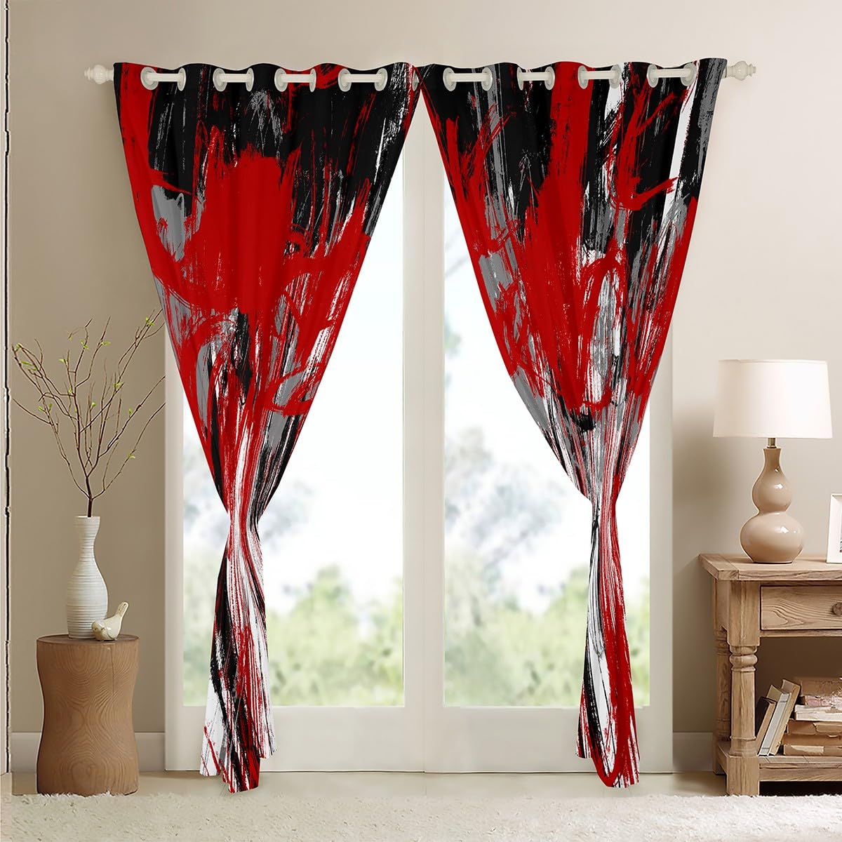 Homemissing Abstract Curtains for Bedroom Living Room Red Grey Black Geometric Blackout Curtains (2 Panels,W66*L90) Modern Art 30%-50% Darkening Blackout Curtain Stripes Window Treatments - Image 4