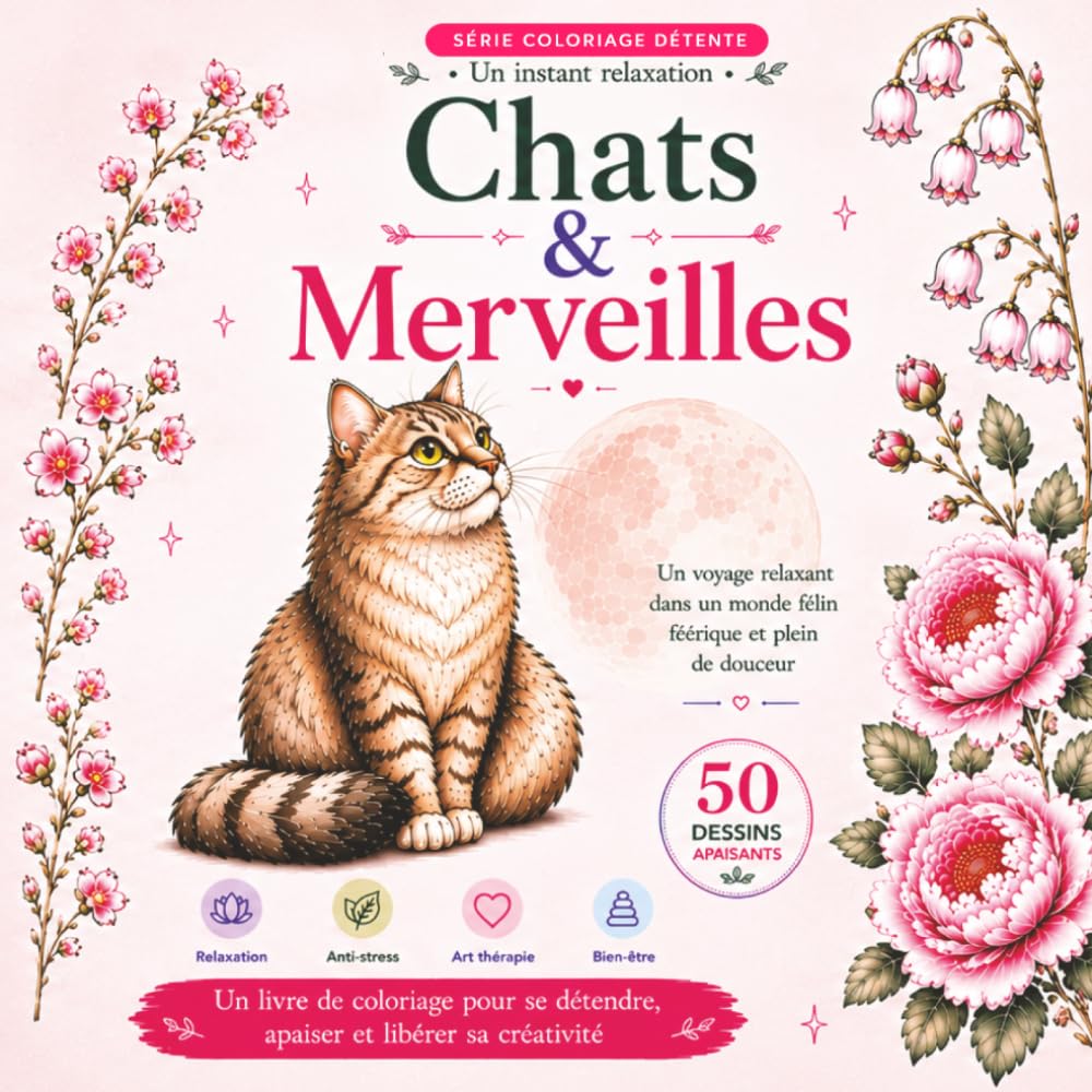 Chats & Merveilles Livre de coloriage anti-stress pour adultes et ados: 50 dessins relaxants de chats adorables, fleurs élégantes et scènes féeriques