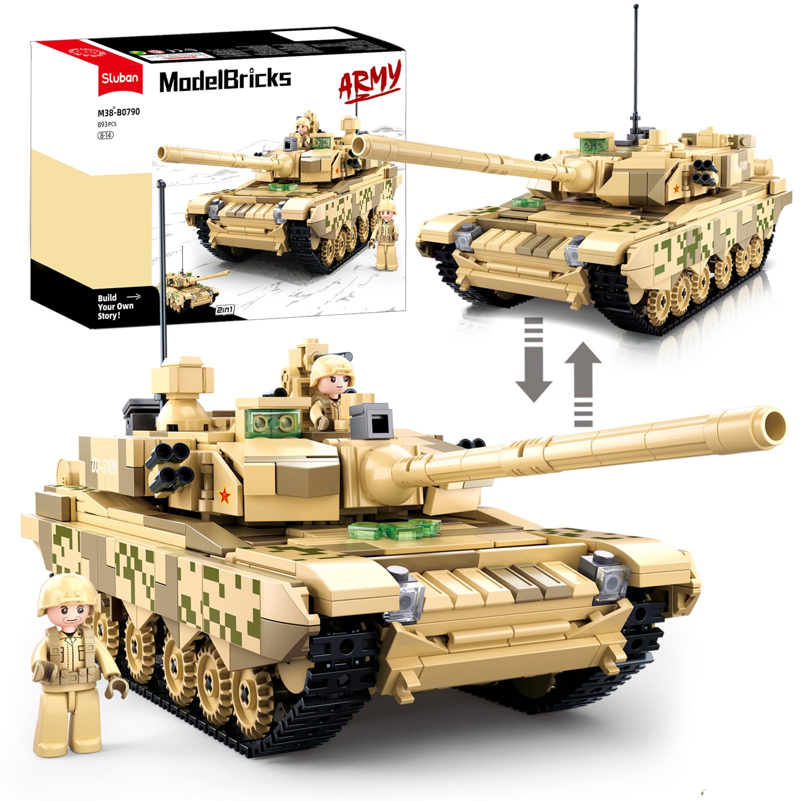 WW2 Army Tank, Inspired 99A 96B Main Battle Tank, 2 in 1 Military Tank, 2 Soldier Minifigures, Gifts for 7 8 9 10 12 Year Old Kids and Adults, Compatible with Lego Army Set, 893pcs