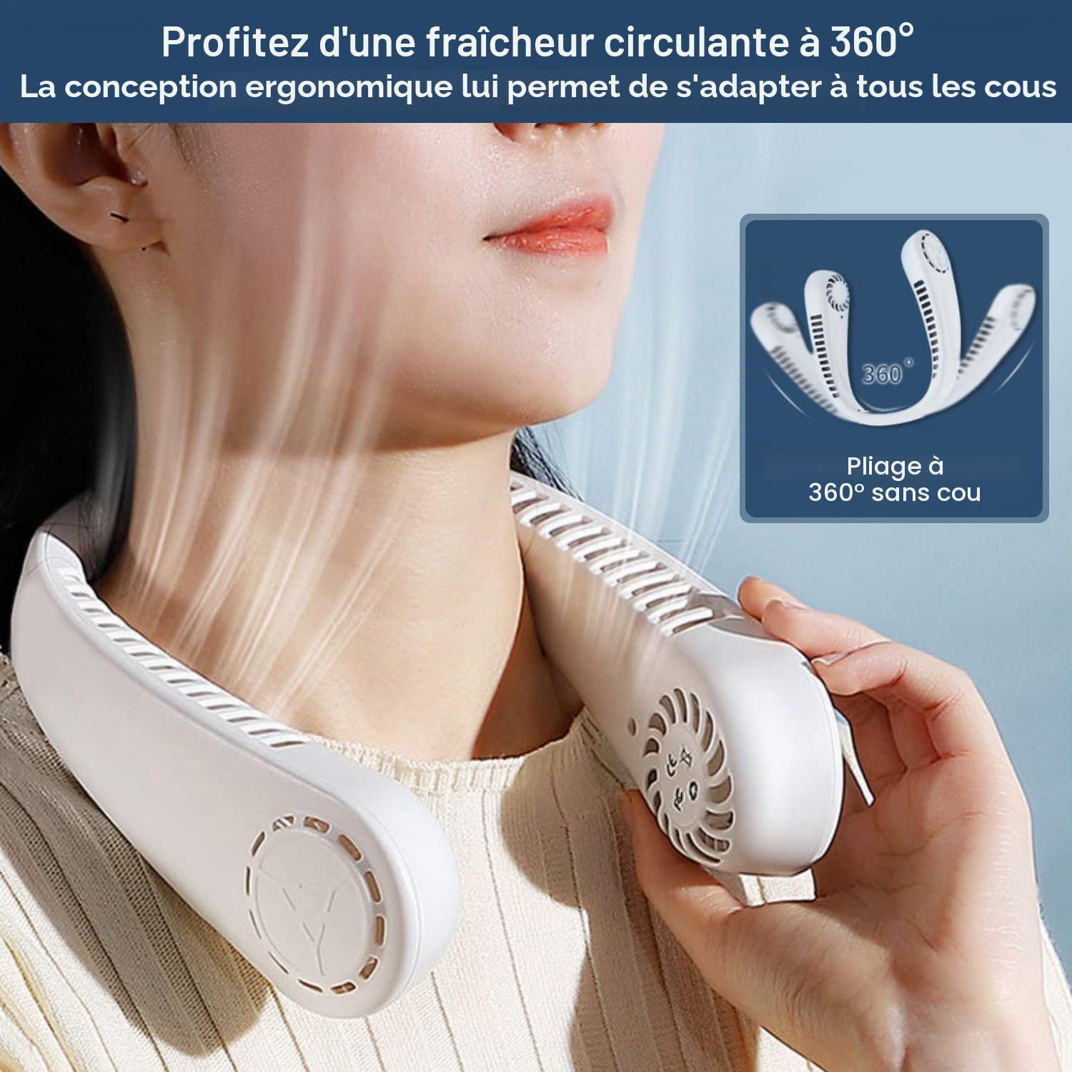 Ventilateur de Cou, Ventilateur Cou Portable Silencieux Rechargeable USB Flux D'air à 360° avec 5 Vitesses pour Bureau Voiture Camping Exterieur