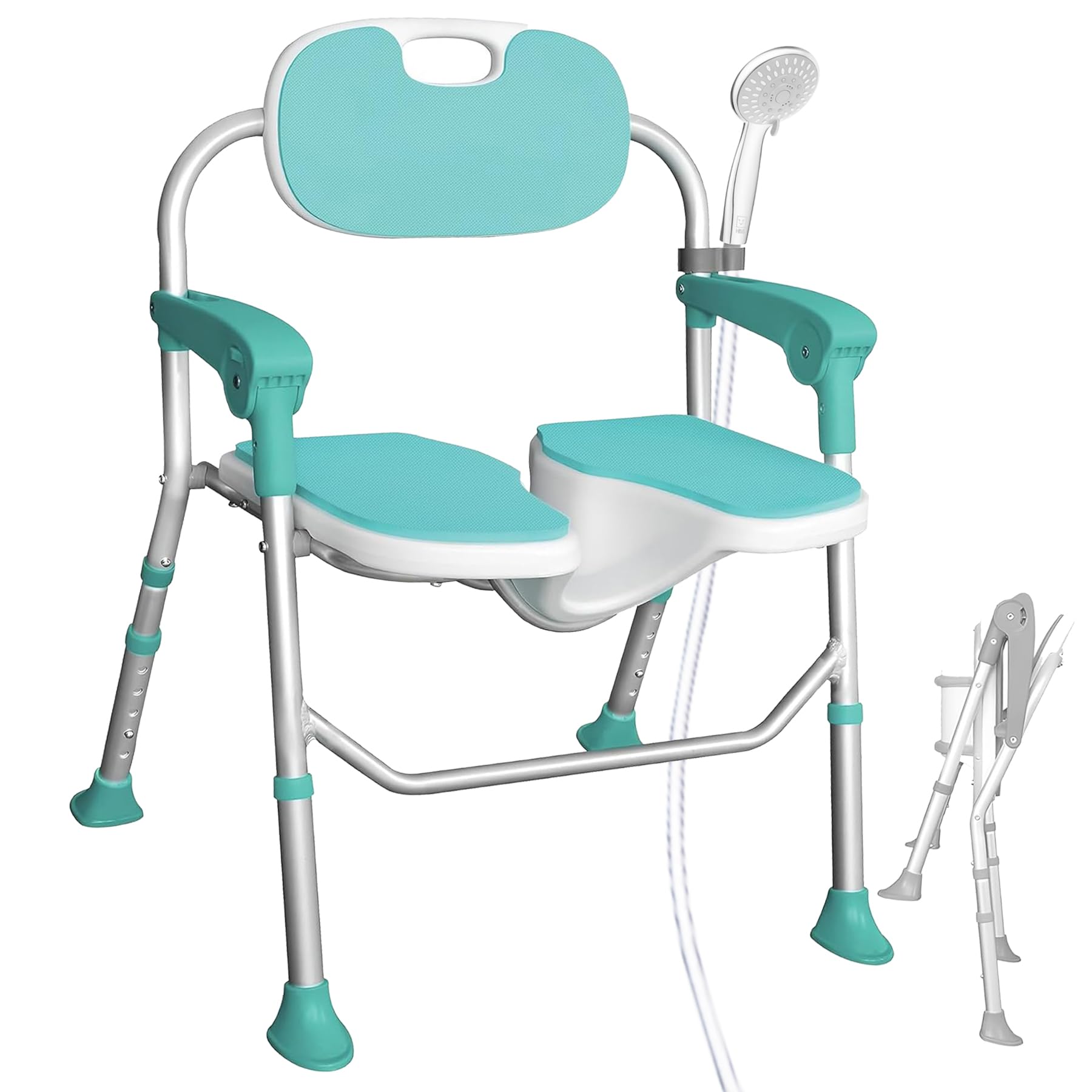 AITX Folding Shower Chair with Armrest and Backrest, Non-Slip Height Adjustable Bathroom Chair with 3D Concave Design, Suitable for Elderly and Disabled