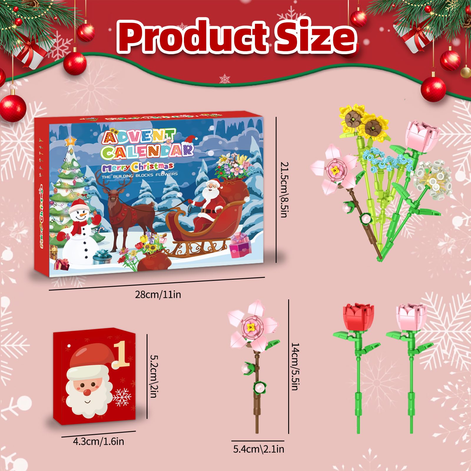 Calendario de Adviento 2025 de flores con bloques para niños, Calendario de Adviento de 24 días, Calendario de Navidad con 24 piezas de coloridos ramos de flores hechos con bloques, Juguete de flores