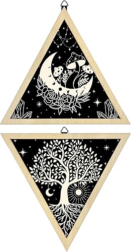 CRASPIRE 2 piezas de decoración rústica de pared de árbol de la vida de madera, decoración de pared colgante de hongos y luna, arte de pared de casa