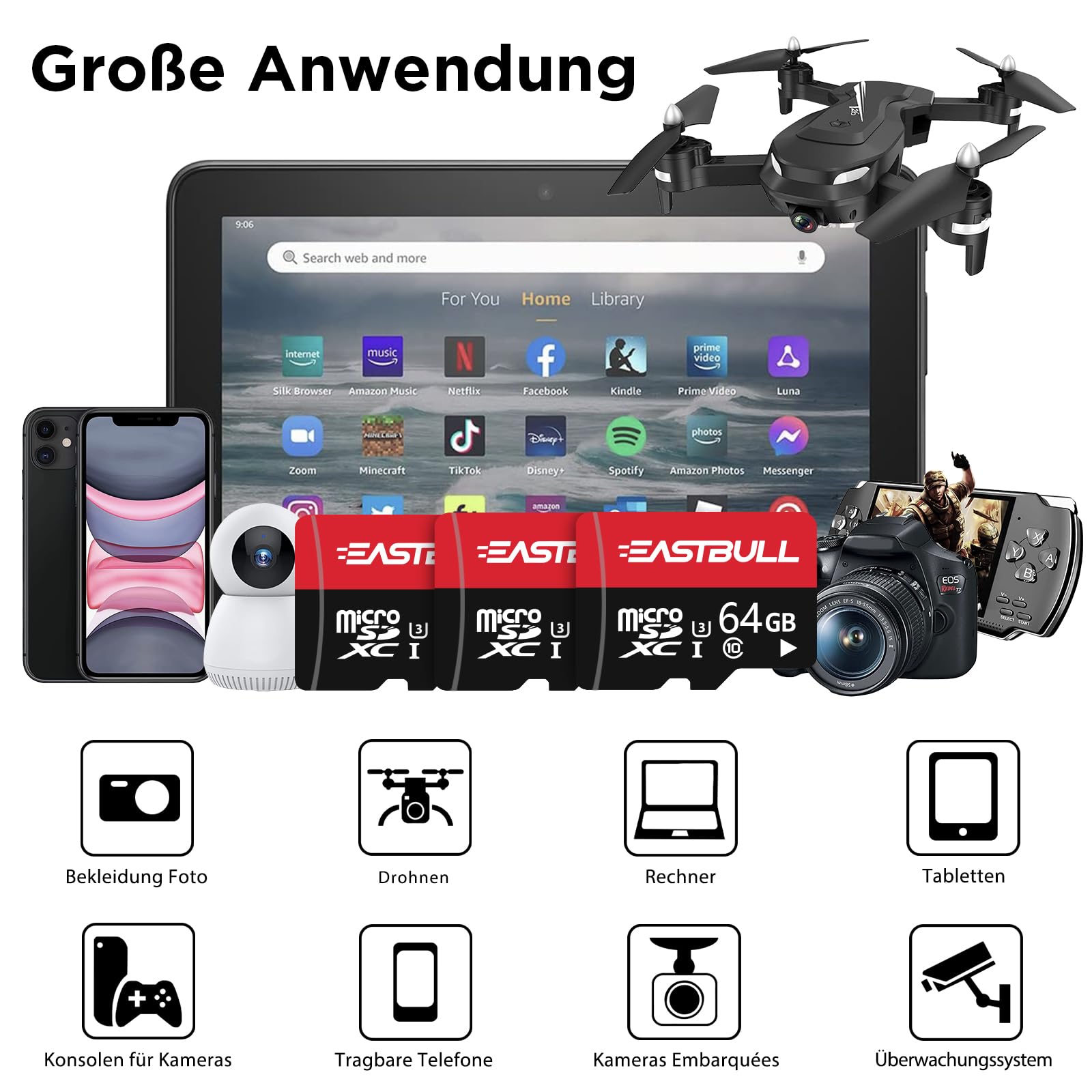 Scheda Micro SD 64GB U1 C10 V10 – Con Adattatore SD E 2 Adattatori, Per Full HD E 4K - 4