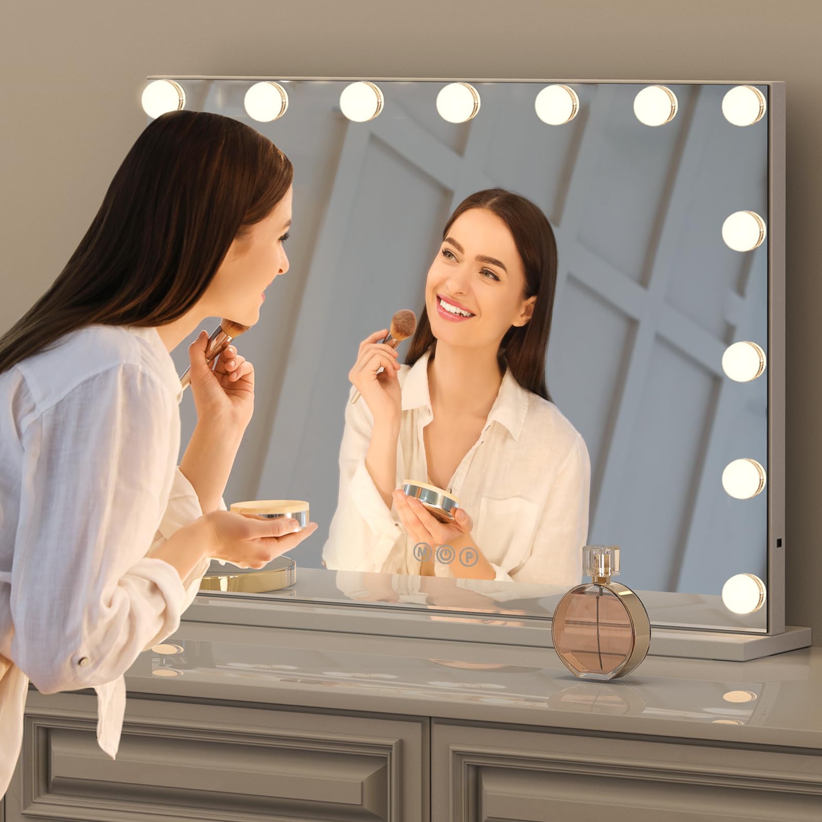 Hollywood Vanity Mirror with Lights, 10X Magnification Makeup Mirror with 15 Dimmable LED Bulbs, 3 Color Lighting Modes, Vanity Mirror for Bedroom,Touch Control,Tabletop or Wall-Mounted, White