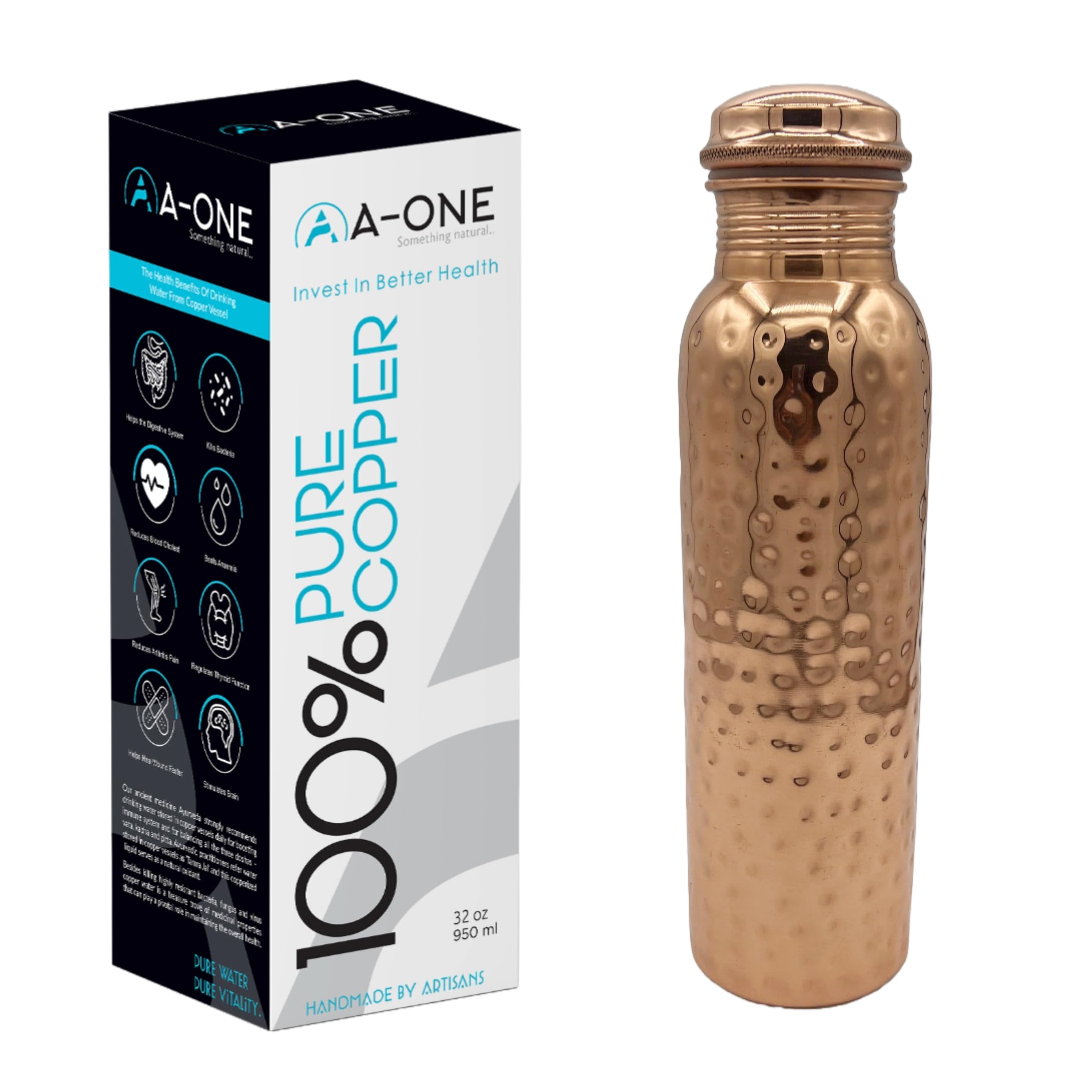 Copper Water Bottle - 32oz | A Hammered Pure Ayurvedic Copper Bottle for Drinking | Health Benefits Immediately (Hammered)