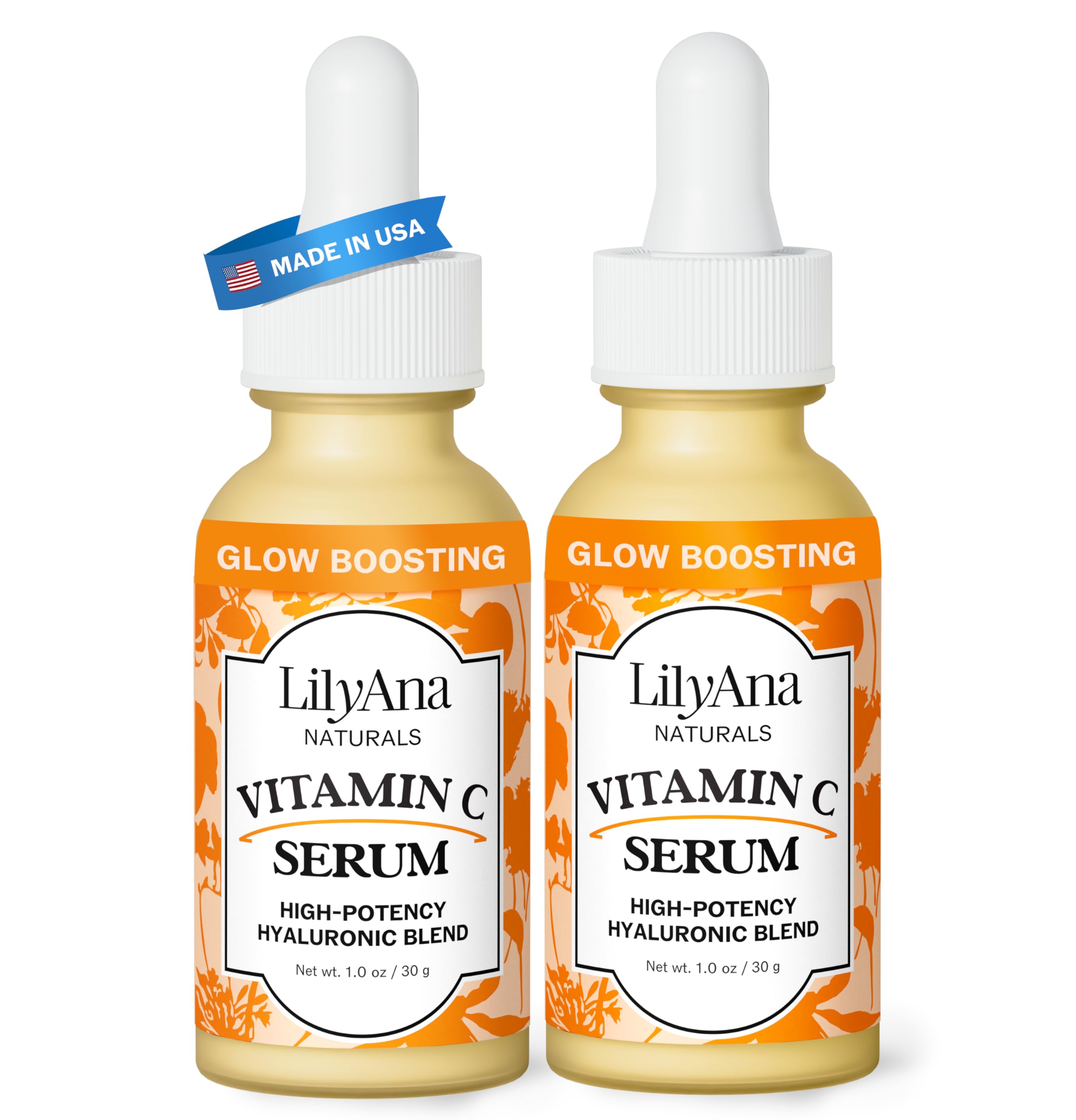 LilyAna Naturals Vitamin C Serum for Face - with Hyaluronic Acid and Vitamin E, Anti Aging Serum, Reduces Age Spots and Sun Damage, Promotes Collagen and Elastin (Double Pack)