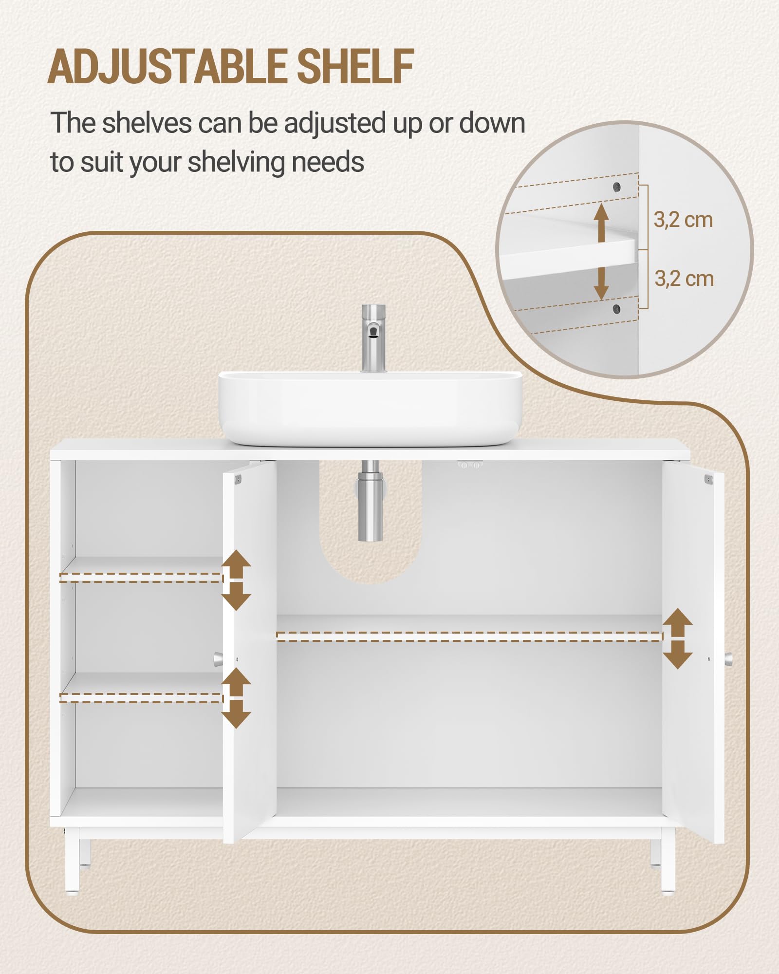 Hzuaneri Mobile Sottolavabo per Bagno, Mobiletto da Bagno, con 2 Ante 2 Scompartimenti, Scomparto Regolabile, Ampio Spazio di Archiviazione, Stile Moderno, 30 x 90 x 63 cm, Bianco BC09803W