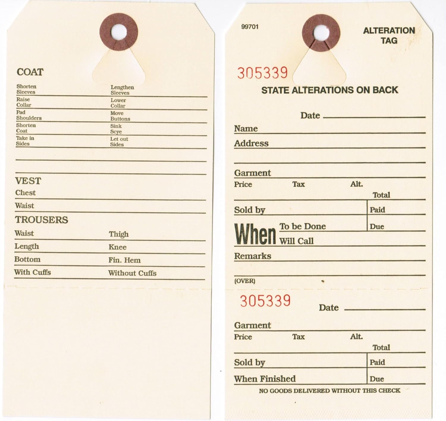Alteration Tags w/Claim Check, No. 8 Manila, 6-1/4 x 3-1/8, Button Slot, Numbered, Printed 2 Sides - Box of 1,000 Tags