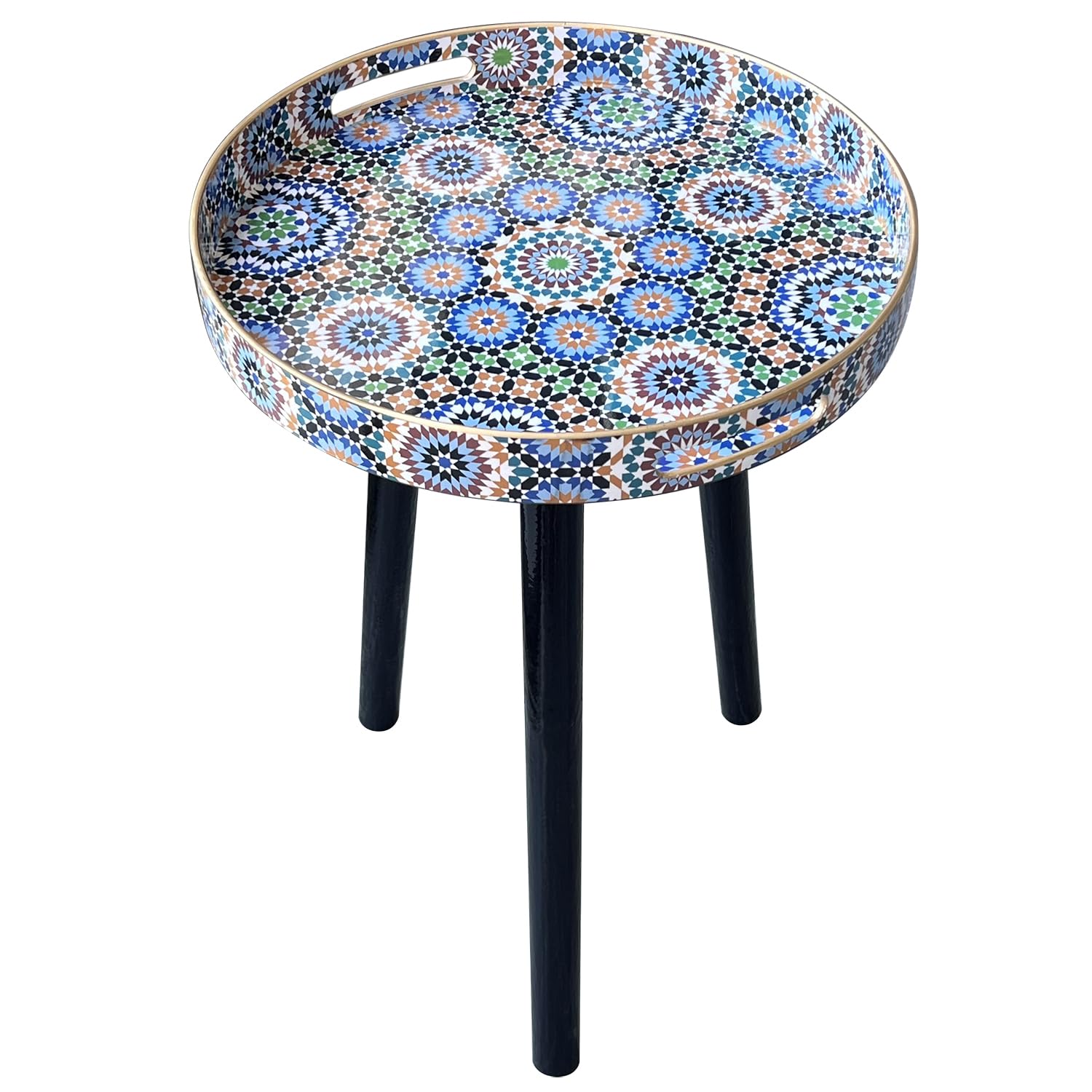 Simmer Stone Round Side Table With Detachable Wooden 3 Legs, Versatile Indoor Tray Table, Perfect for Coffee, Tea, and Relaxation Time - 17.7 Inch (Blue Moroccan)