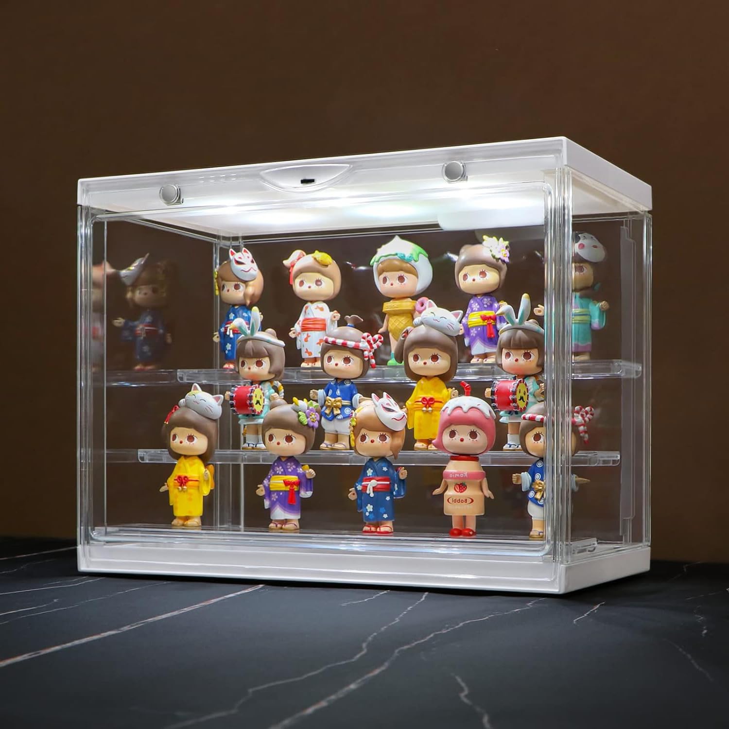 DEONG Clear Display Case with LED Light USB 3 Tier Acrylic Display Box Stand Stackable Voice Control Lighted Display Cabinet Storage Showcase Dustproof Organizer for Mini Action Figures and Minitoy