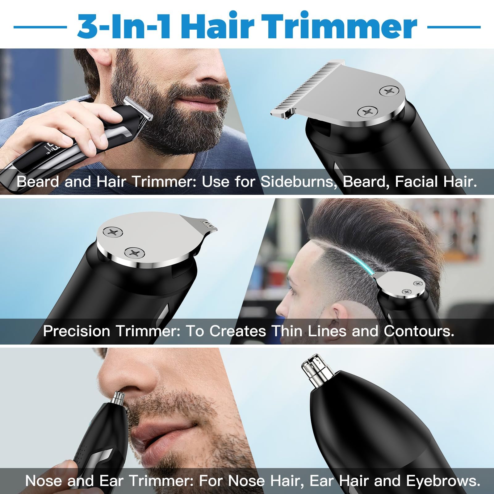 Barttrimmer Herren Haarschneidemaschine All-In-One Trimmer Bartschneider Nasenhaartrimmer Haarschneider, USB Wiederaufladbar Rasierer Elektrisch mit 4 Scherköpfe 5 Einsteckkämme