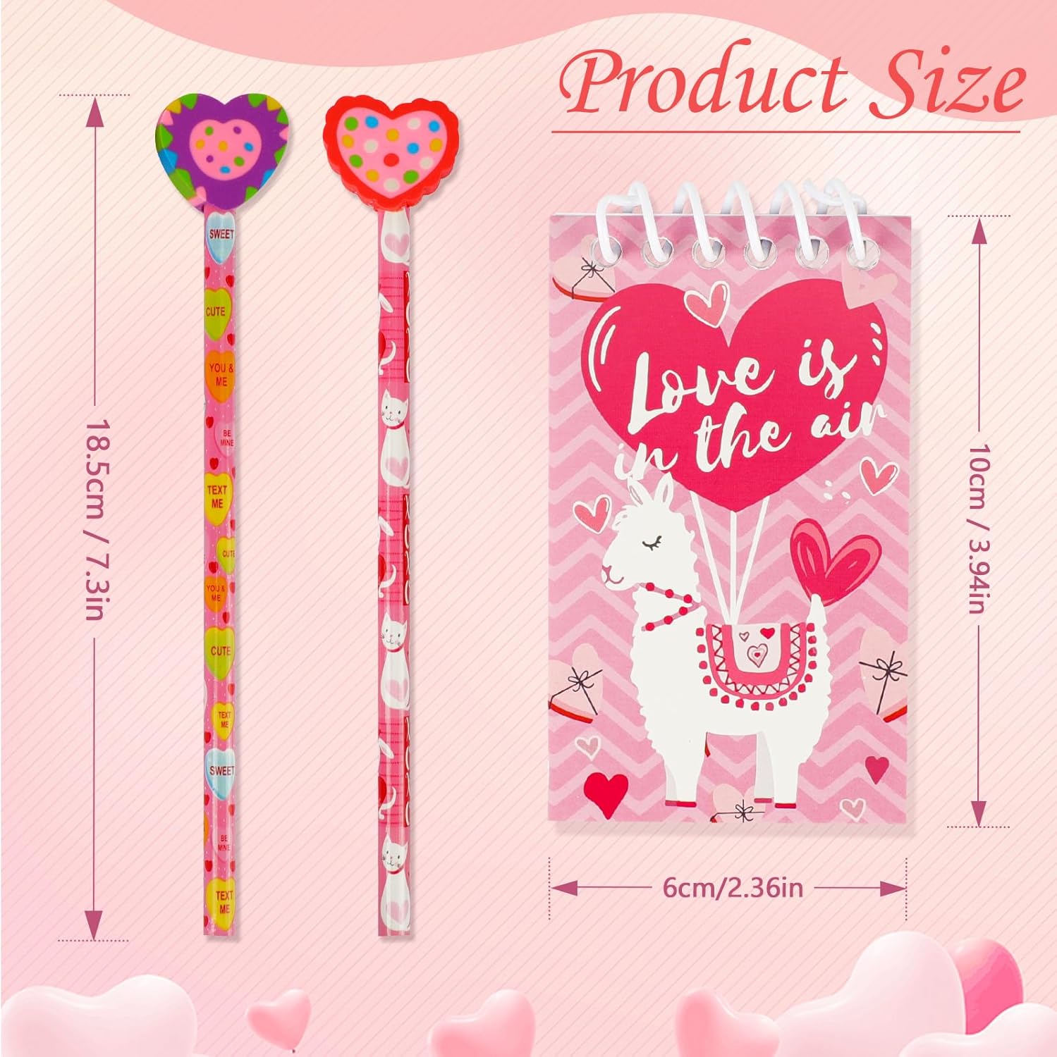 24Pcs Valentines Day Gift Sets include 12Pcs Valentine's Day Mini Notepads and 12Pcs Valentines Pencils with Eraser for Kids School Classroom Gifts Exchange Valentine Party Favors