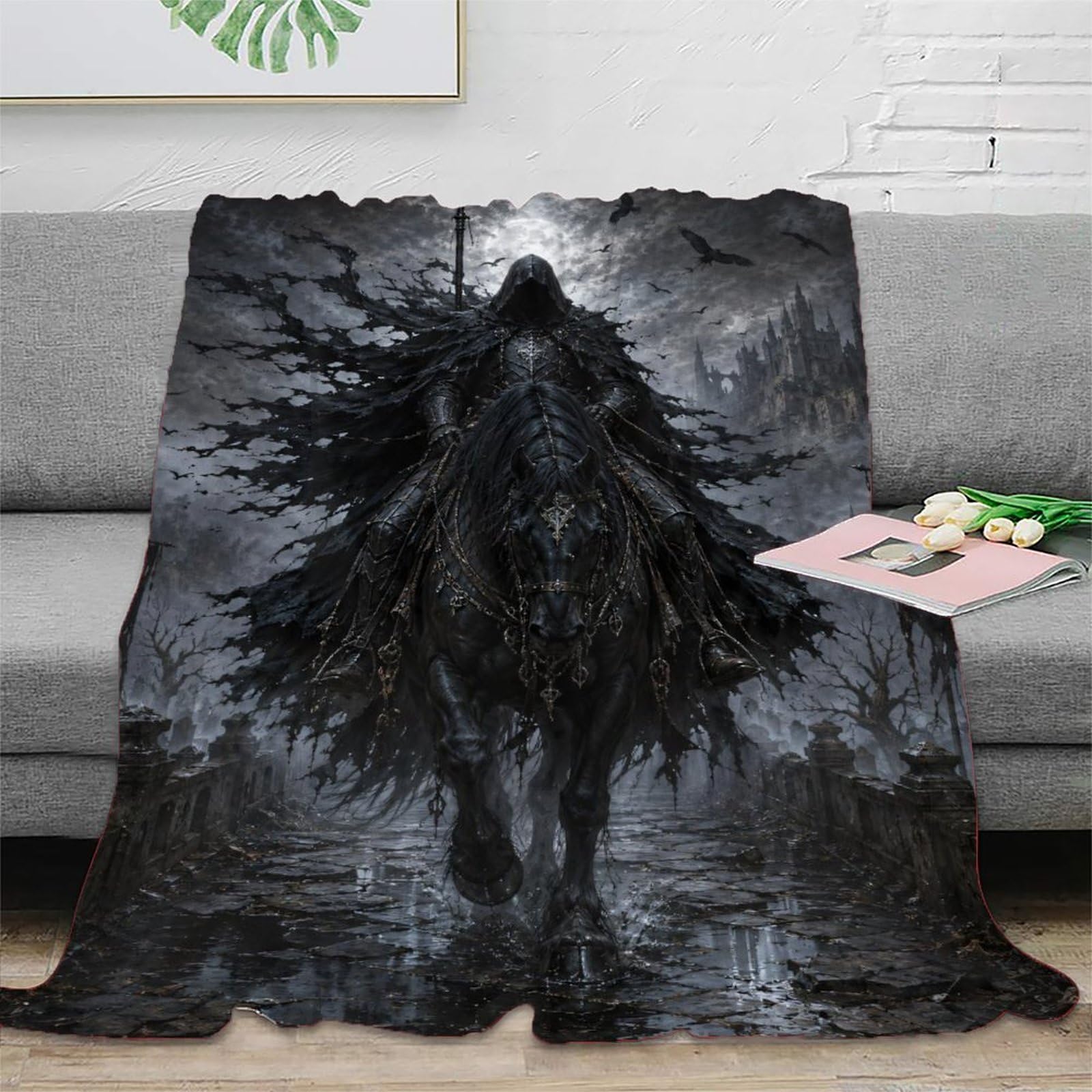 W7C8U2X3 Storm Castle Horseman Throw Blanket, Flannel, Medieval Fantasy Art