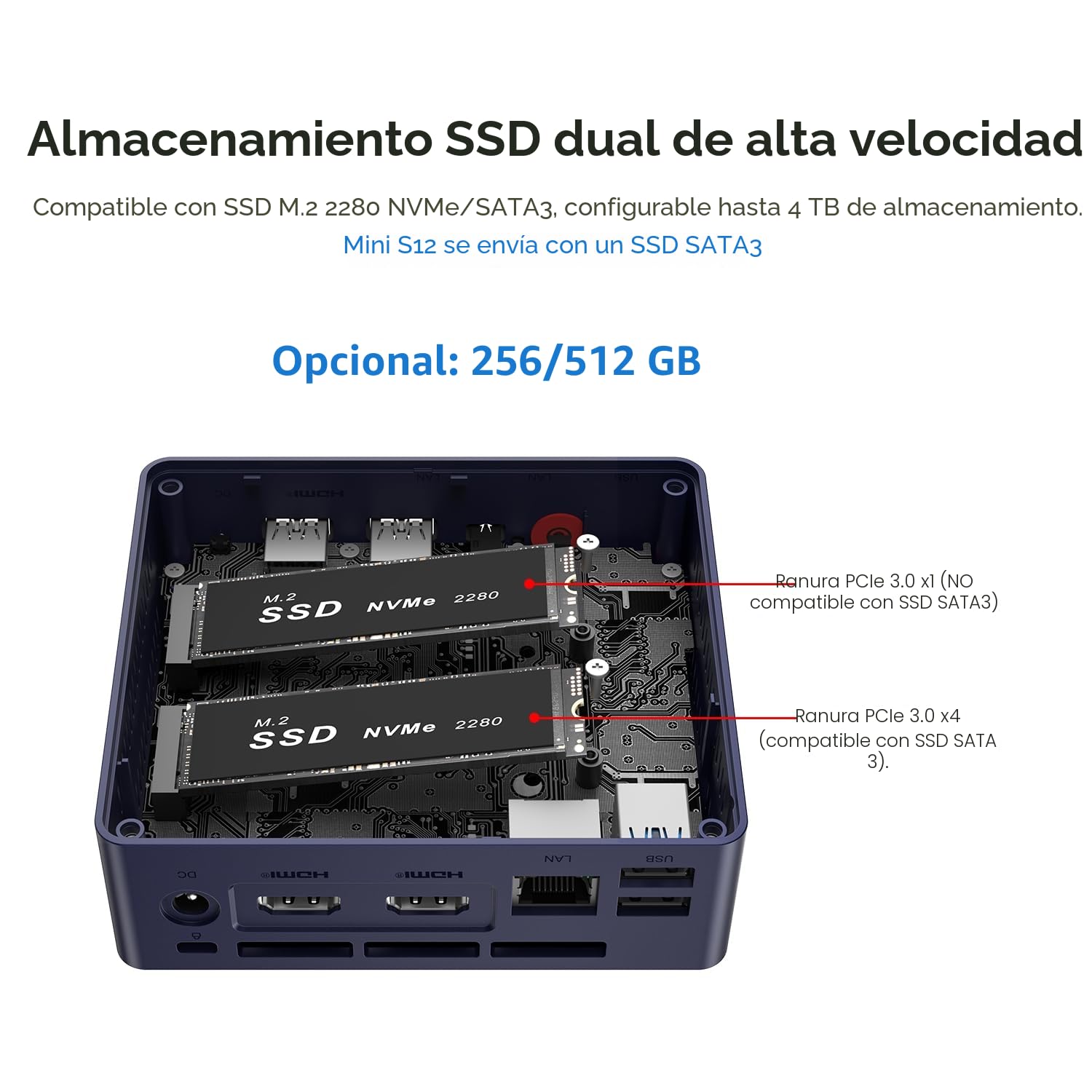 Beelink Mini PC Mini S12 Pro, Intel Alder Lake N100 de 12ª (hasta 3,4 GHz), miniordenador, 12 GB de RAM, SSD de 512 GB, Ordenador de Oficina, Doble Salida HDMI/Wi-Fi 6/Bluetooth 5.2/RJ45/WOL