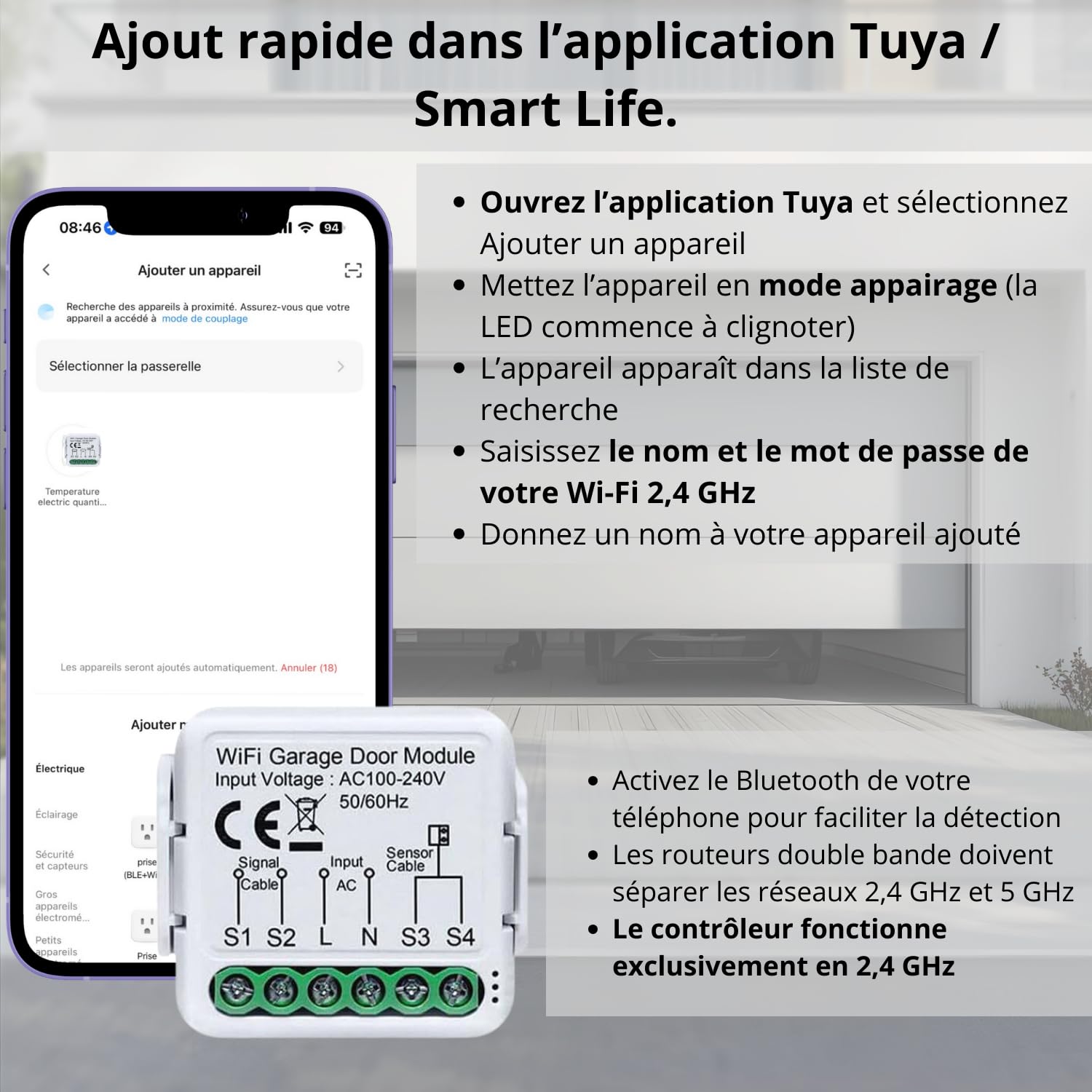Sone Smart One Ouvre Porte de Garage Connecté WiFi 2.4GHz – Module WiFi Portail Électrique avec Capteur d’Ouverture 480cm – Tuya Smart Life, Alexa, Google Home, Home Assistant – 230V