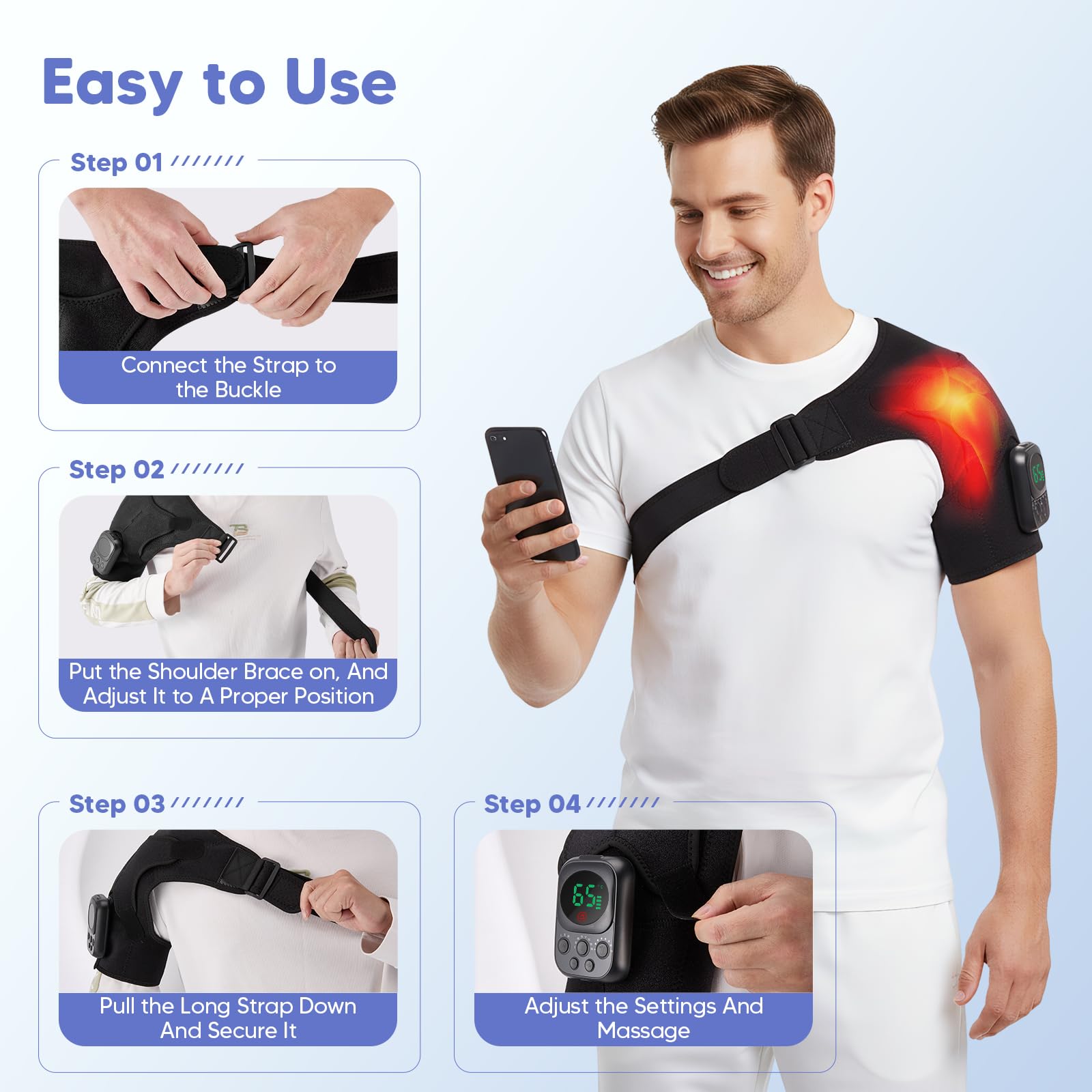 Smart Schultermassagegerät mit Wärme, APP-Steuerung, 8 Modi, Mikrostrom, beheizte Schulterbandage zur Schmerzlinderung, 10-Stunden-Akku-Schulter-Wärmekissen für den Heimbürogebrauch, geeignet