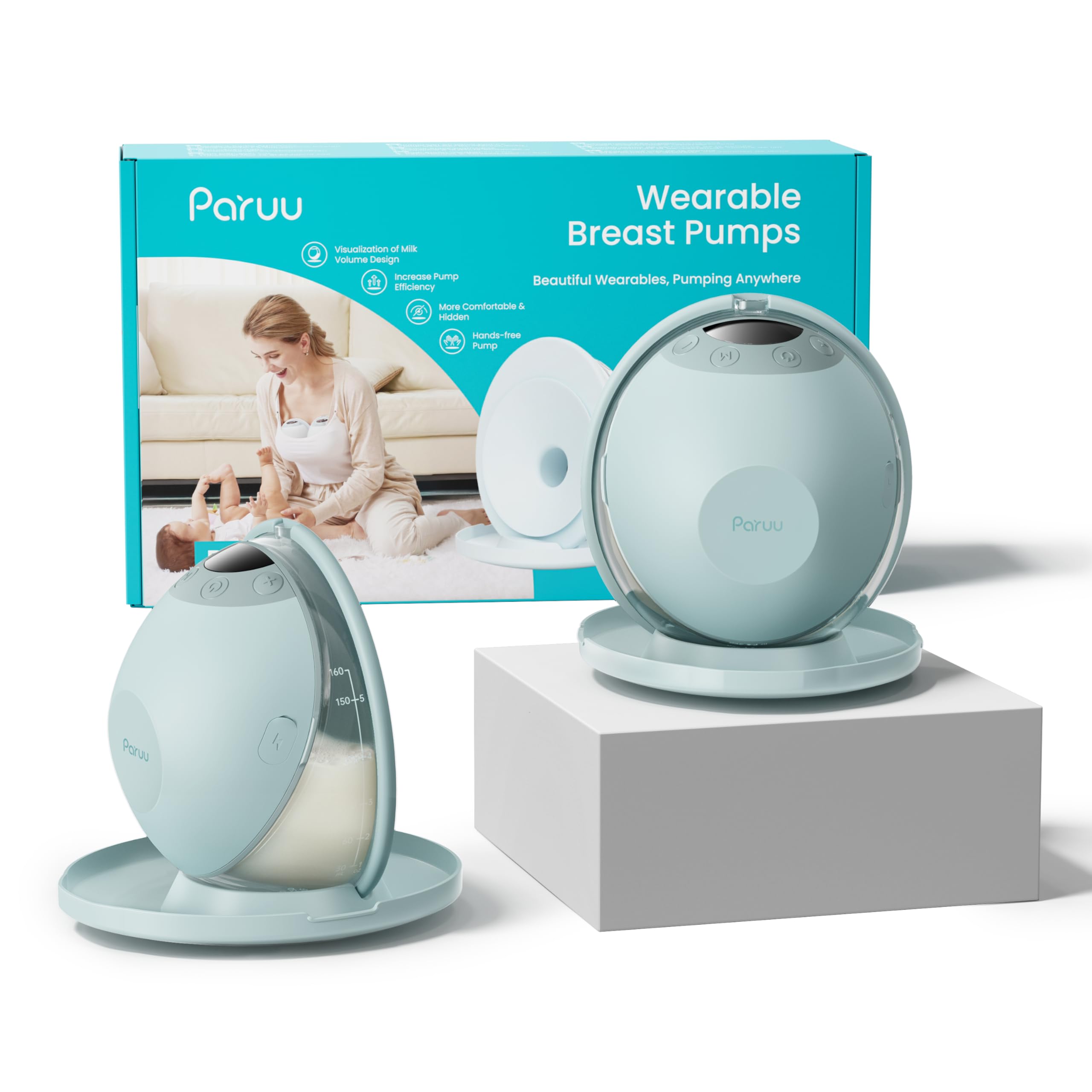 Paruu P20 Hands-Free Wearable Electric Breast Pump - 4 Modes & 12 Suction Levels, 19/21/24mm Double-Sealed Flanges, Visible Milk Volume & Pumping Time, Lightweight Portable (2 Pack, Light Green)