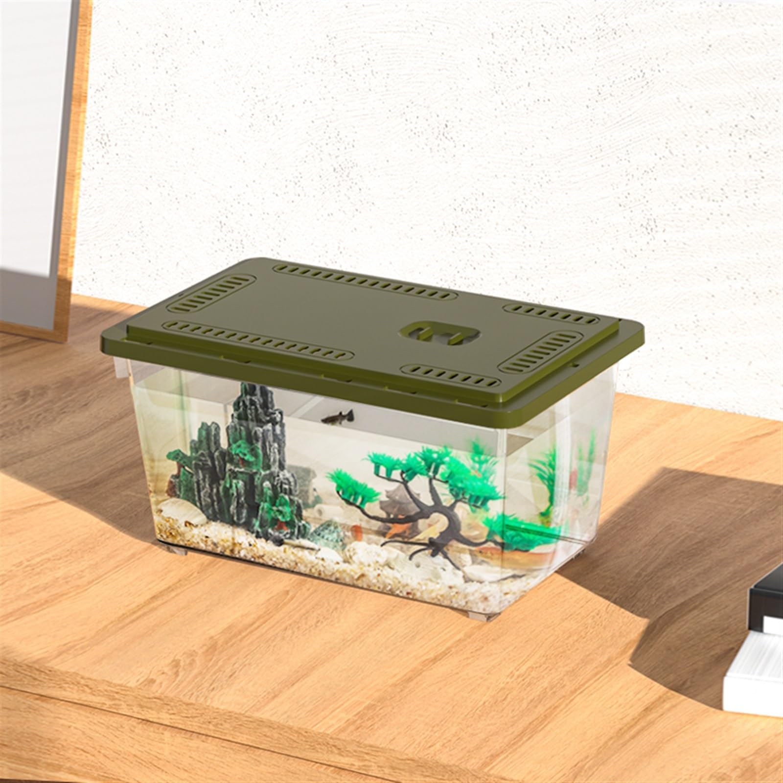 Mały Akwarium dla ryb domowych, zbiornik na żółwie, specjalny pojemnik, pudełko do karmienia z przesuwaną pokrywą Złota rybka(Green,27x17.5x14.5cm)
