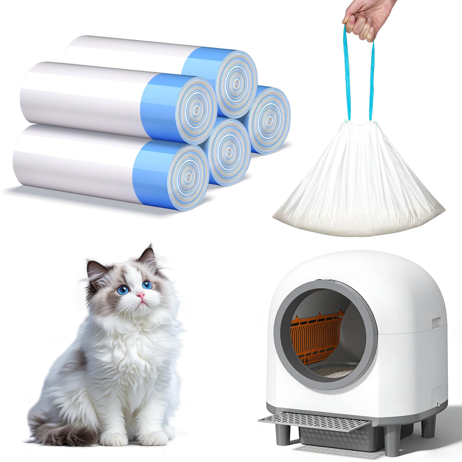5 bolsas XXXL para excrementos de gato con cintas de tracción, bolsa para arena para gatos, bolsa higiénica autolimpiable para cambiar fácilmente la arena para gatos, 640 x 340 mm