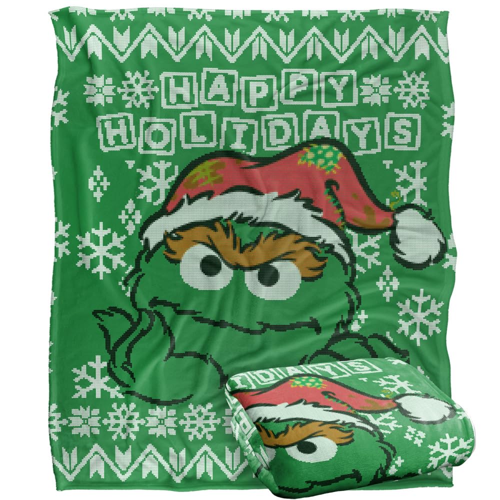 Sesame Street Oscar The Grouch Ugly Christmas Sweater Silky Touch Super Soft Throw Blanket 152 X 127 cm, White