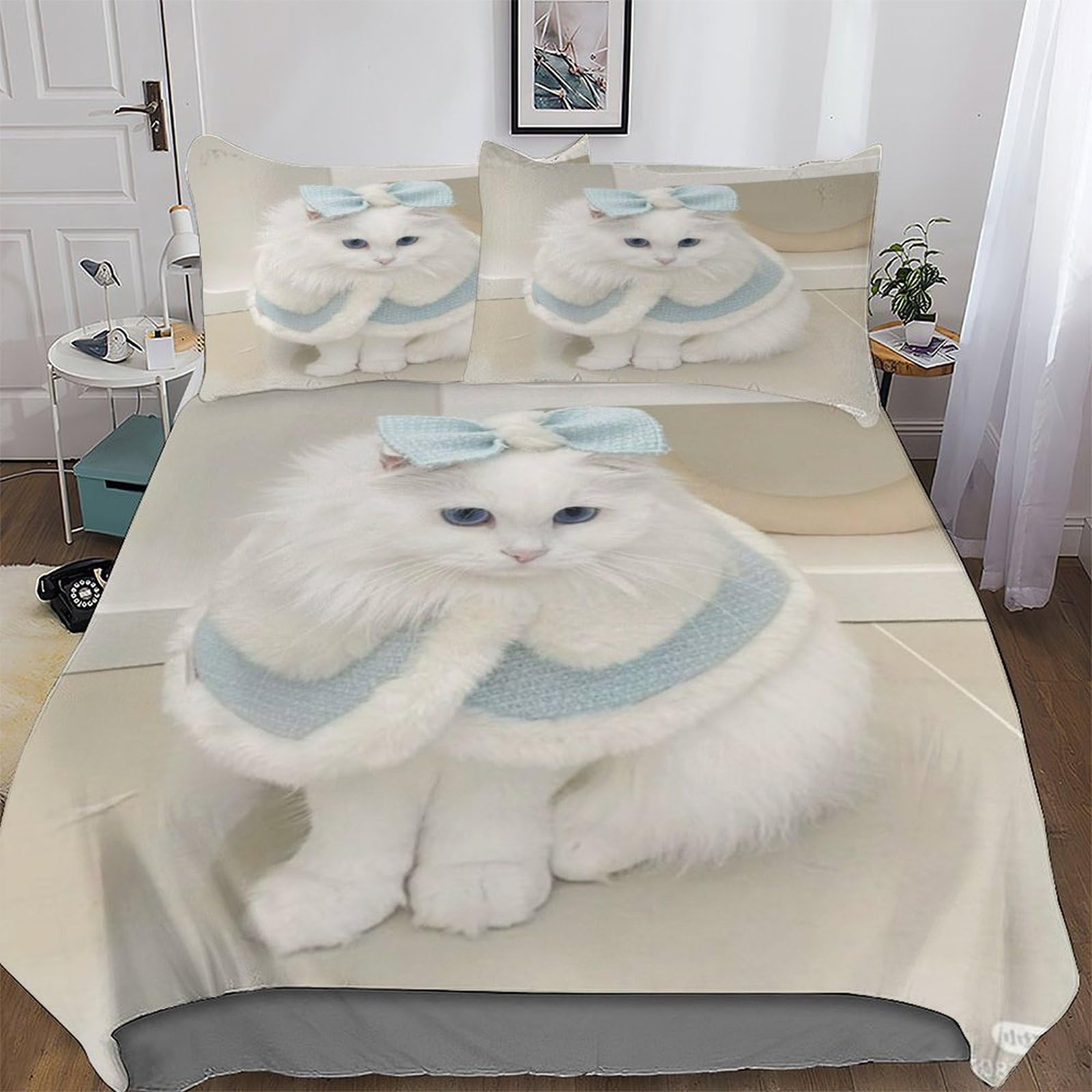 Housse de couette chat king 220x240 cm avec taies en microfibre douce pour lit