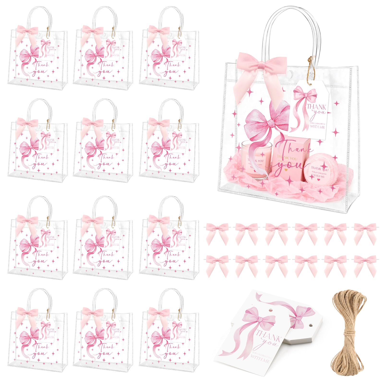 jijAcraft 12Pcs Clear Thank You Gift Bags: Pink PVC Gift Bags with Handles
