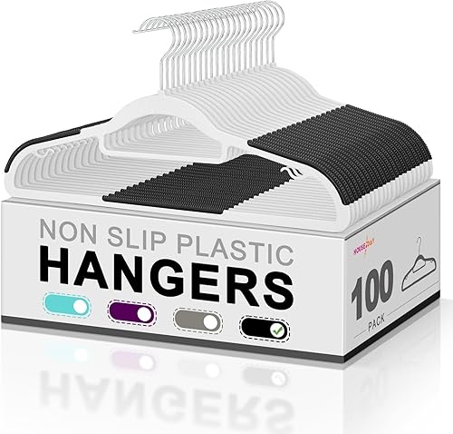 HOUSE DAY Paquete de 100 perchas de plástico antideslizantes con agarre de goma, colgador de plástico resistente con gancho giratorio de 360,