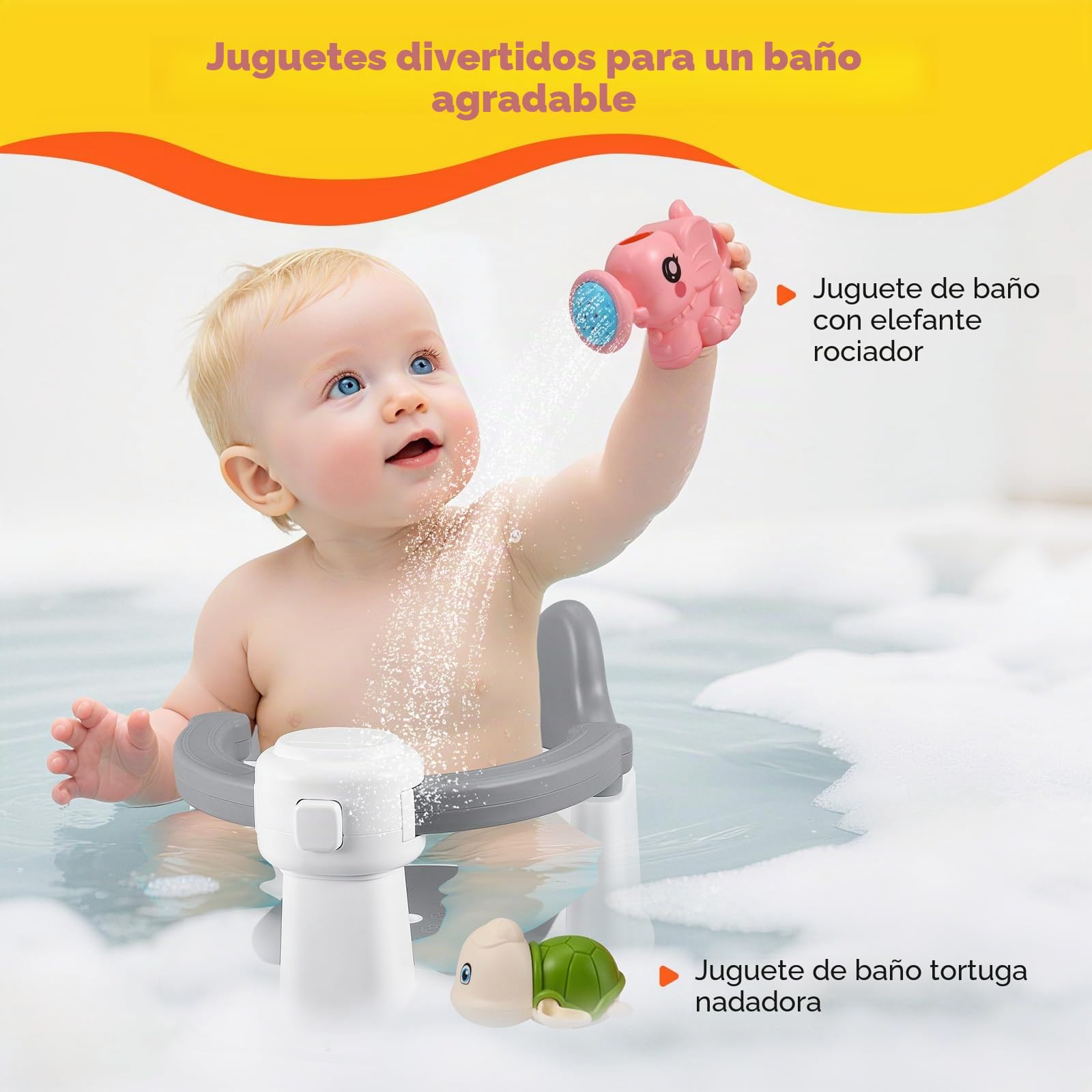 Asiento de baño ajustable y antideslizante para niños de 6 a 15 meses, soporta hasta 12 kg, 2 juguetes, ventosas, diseño ergonómico para un baño cómodo