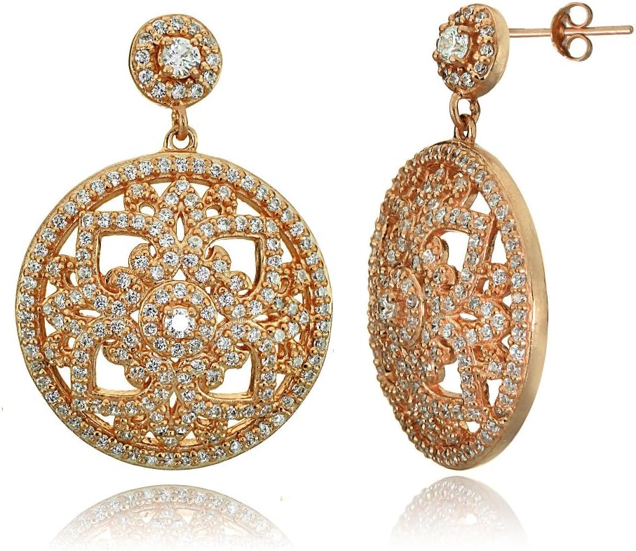 Sterling Silver Cubic Zirconia Filigree Medallion Dangle Earrings