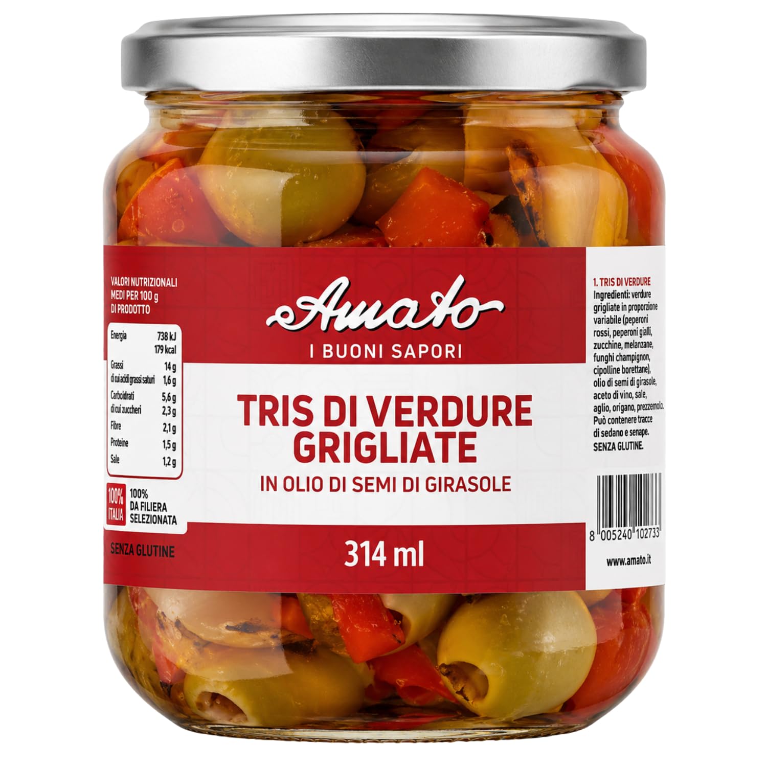 Amato Tris di Verdure Grigliate in Olio di Semi di Girasole 314 ml, Verdure Grigliate Miste, Ideali per Antipasti, Contorni, Bruschette e Panini, Confezione Multipla da 4/8/12 Pezzi (12 PEZZI)