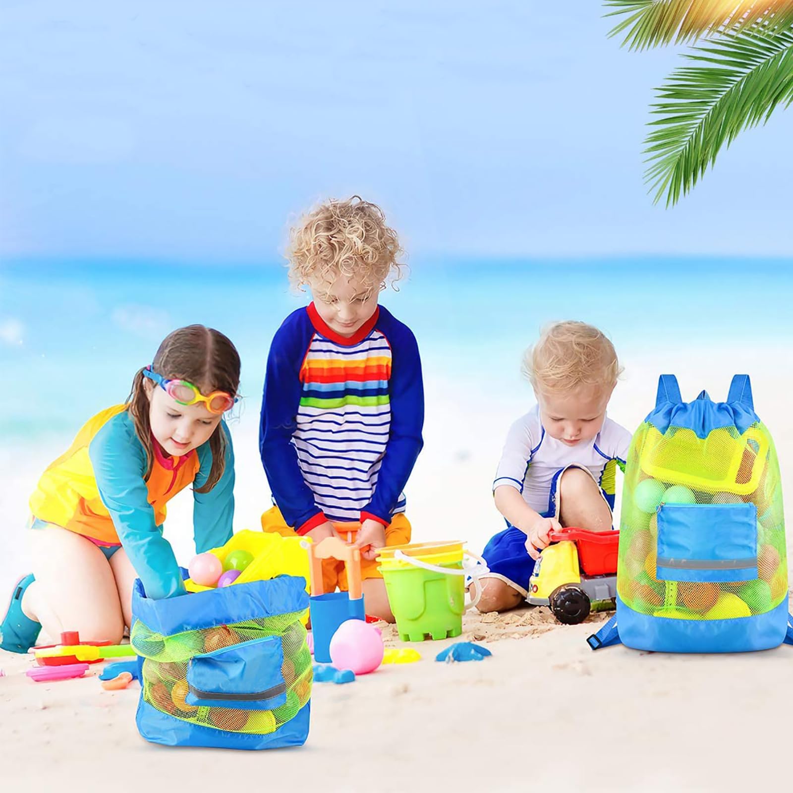 Bolsa de Juguetes Playa de Malla 48 * 24cm Bolsa Plegable de Malla de Playa Azul Incluye 1 Guante Bolsas de Juguetes Plegable Portátil Reutilizable para Niños Guardar Concha