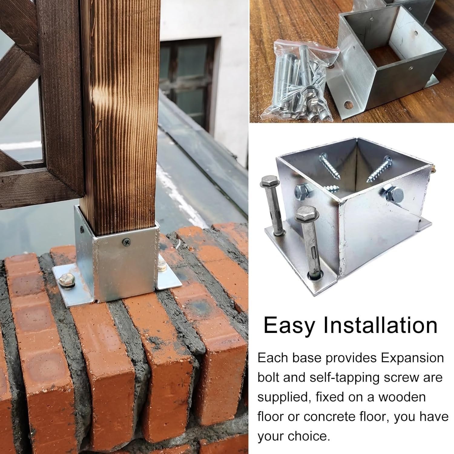 Base della Colonna da Ponte Supporto Post Rinforzato per Posta di Legno 6x6 8x8, Base di Ancoraggio della Flangia in Acciaio Inossidabile(4 PCS,200 x 200mm/7.9 x 7.9in)